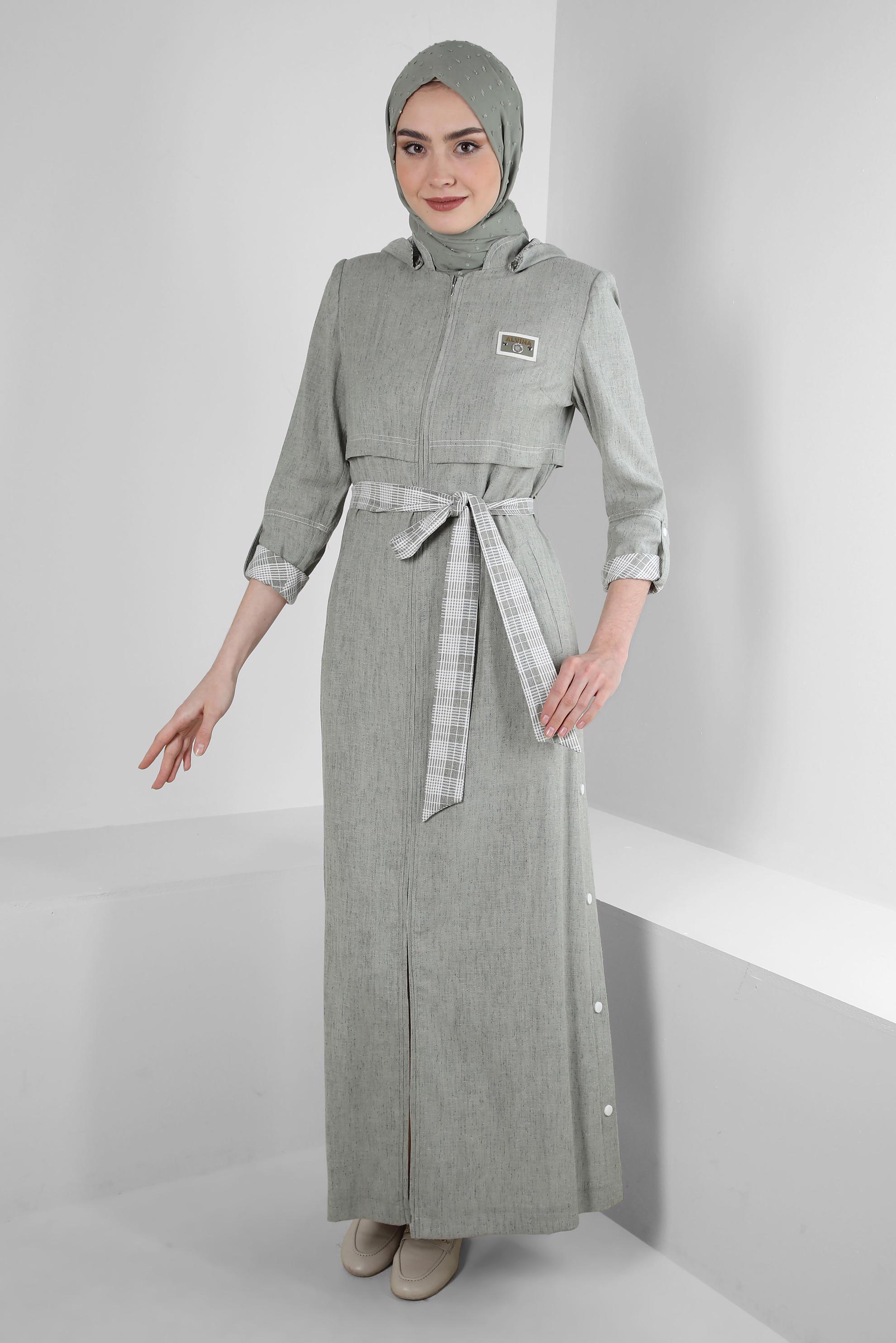 Tesettür giyim HAKİ YANLARI ÇITÇITLI KUŞAKLI PARDESÜ 10588 