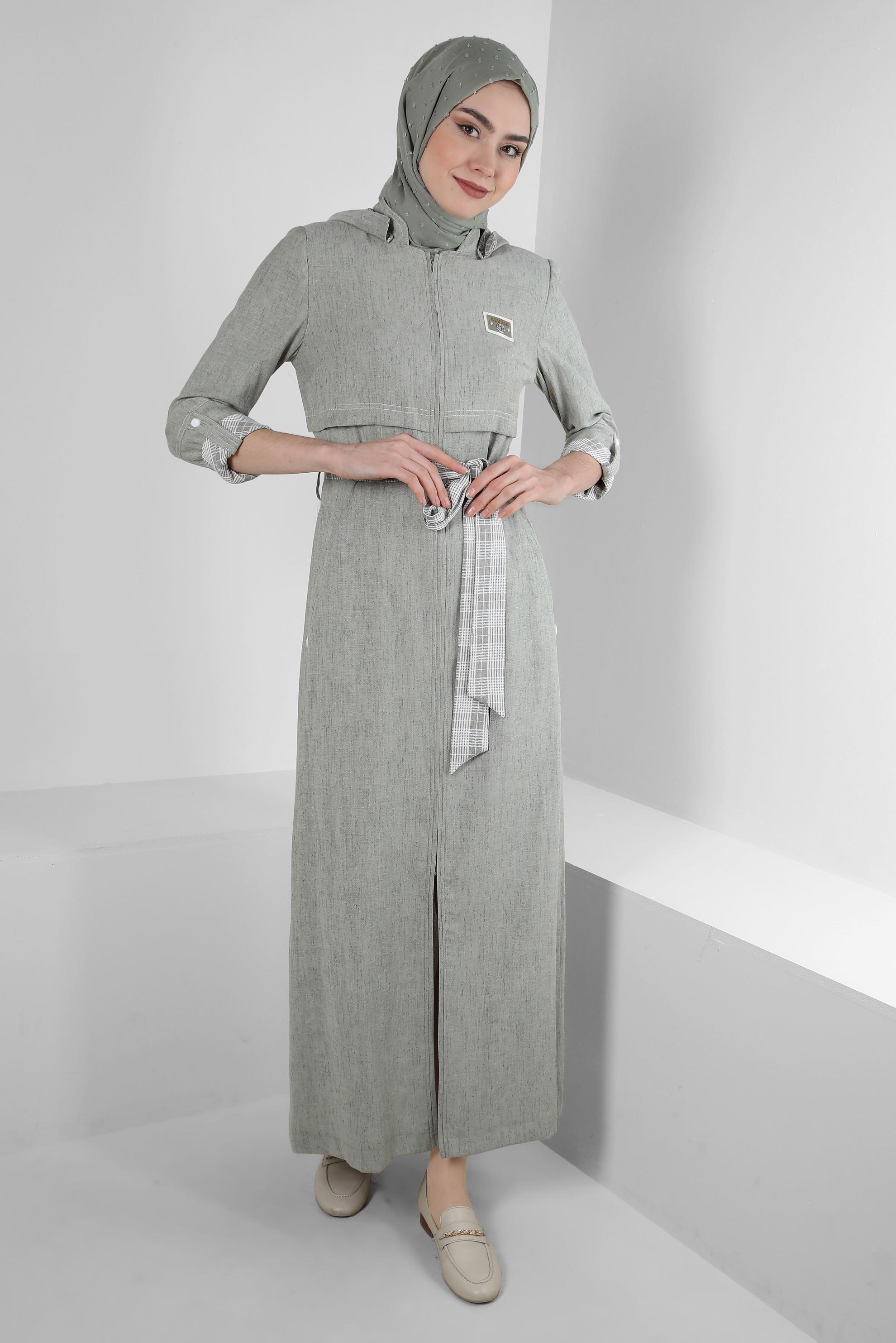 Tesettür giyim HAKİ YANLARI ÇITÇITLI KUŞAKLI PARDESÜ 10588 