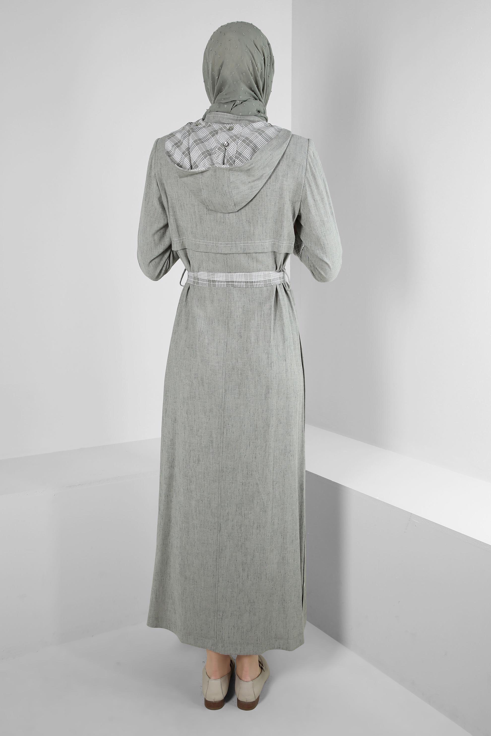 Tesettür giyim HAKİ YANLARI ÇITÇITLI KUŞAKLI PARDESÜ 10588 