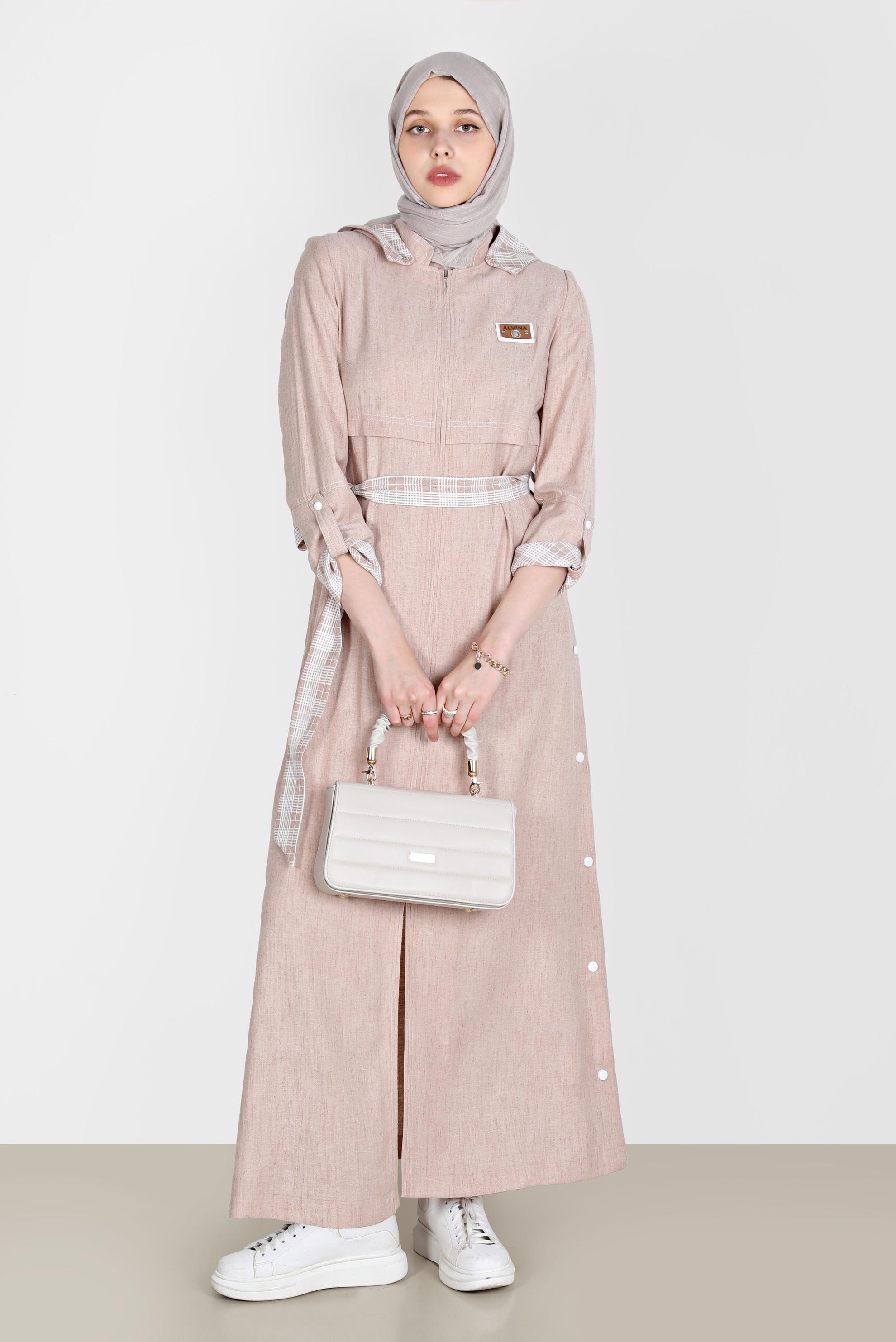 Tesettür giyim VİZON YANLARI ÇITÇITLI KUŞAKLI PARDESÜ 10588 