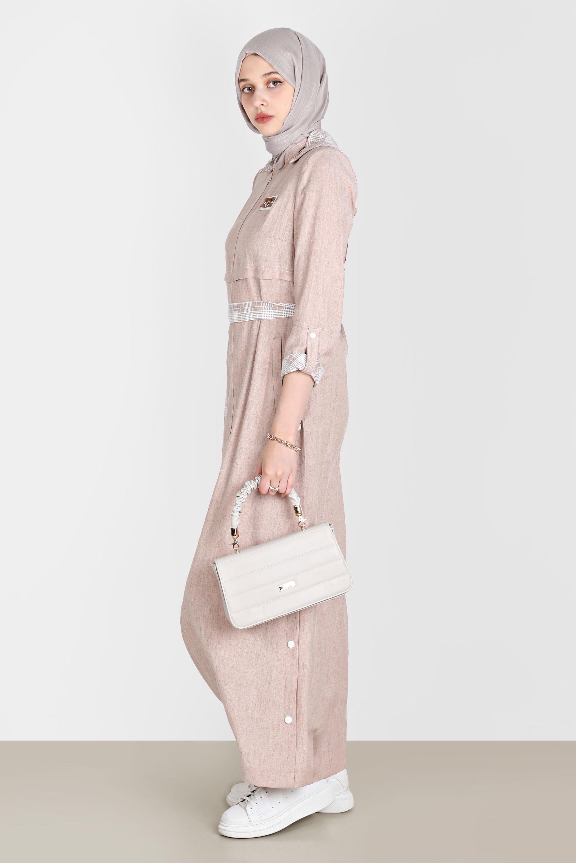 Tesettür giyim VİZON YANLARI ÇITÇITLI KUŞAKLI PARDESÜ 10588 