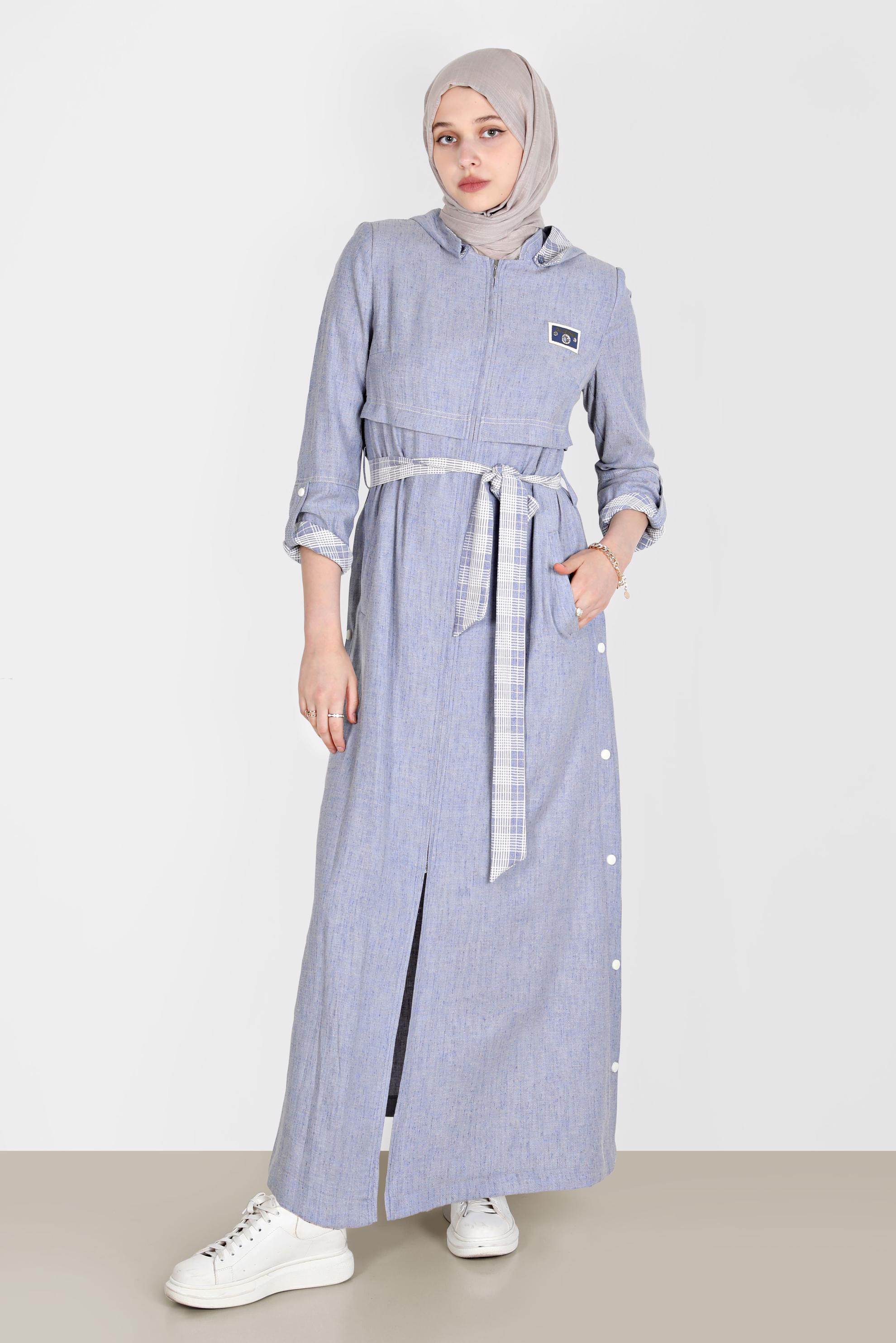 Tesettür giyim LACİVERT YANLARI ÇITÇITLI KUŞAKLI PARDESÜ 10588 