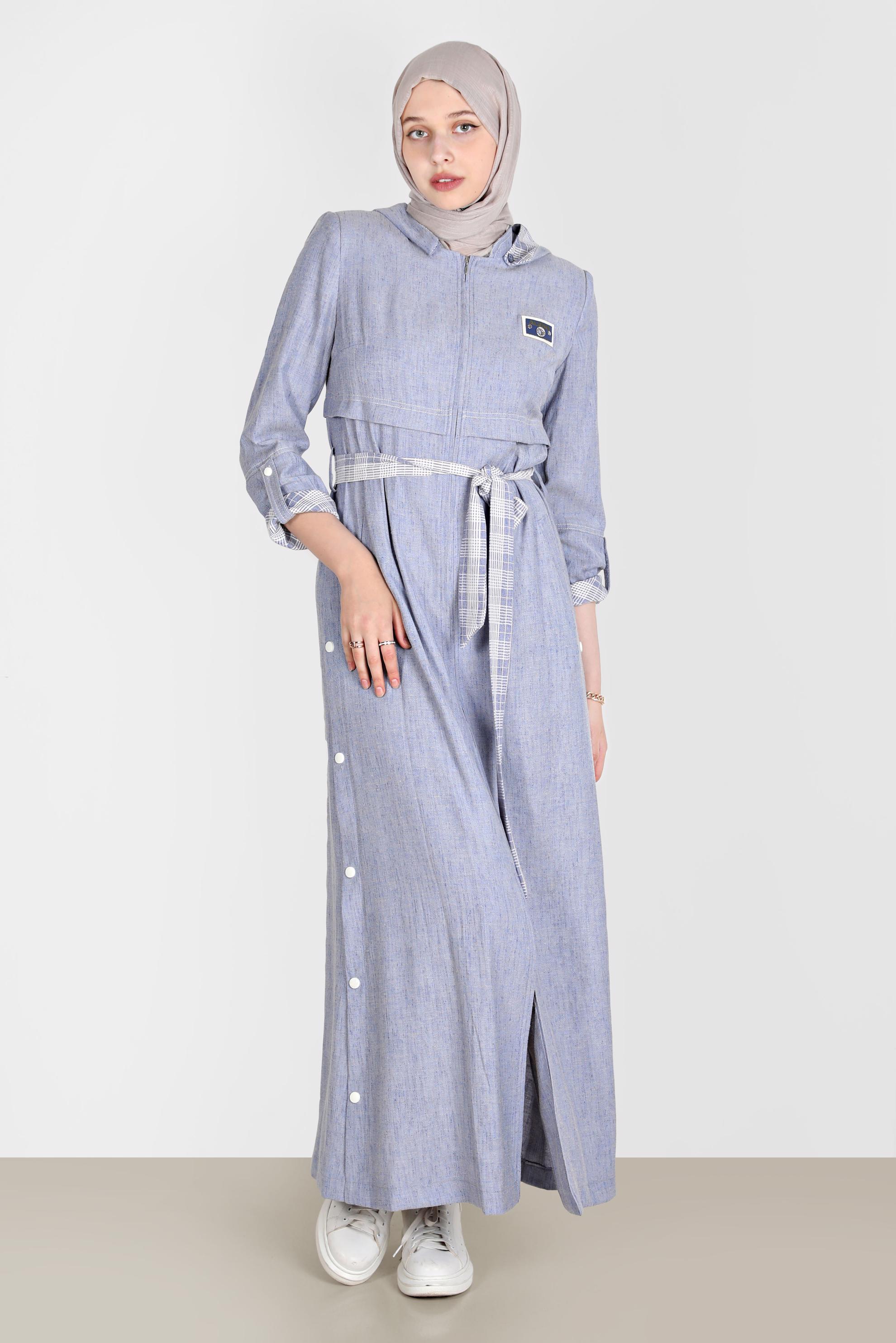 Tesettür giyim LACİVERT YANLARI ÇITÇITLI KUŞAKLI PARDESÜ 10588 