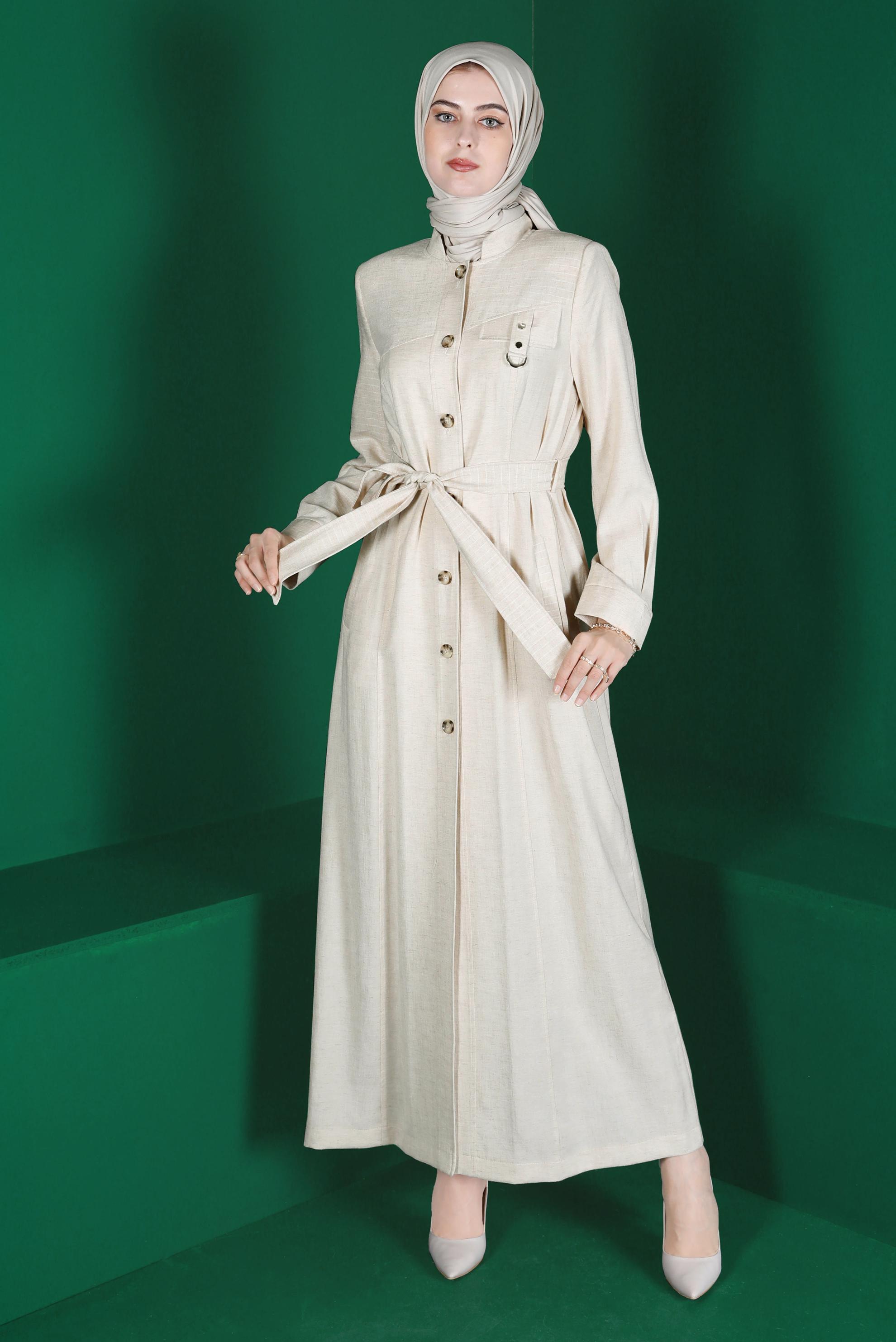 Tesettür giyim BEJ ÇİZGİLİ DÜĞMELİ KUŞAKLI PARDESÜ 10589