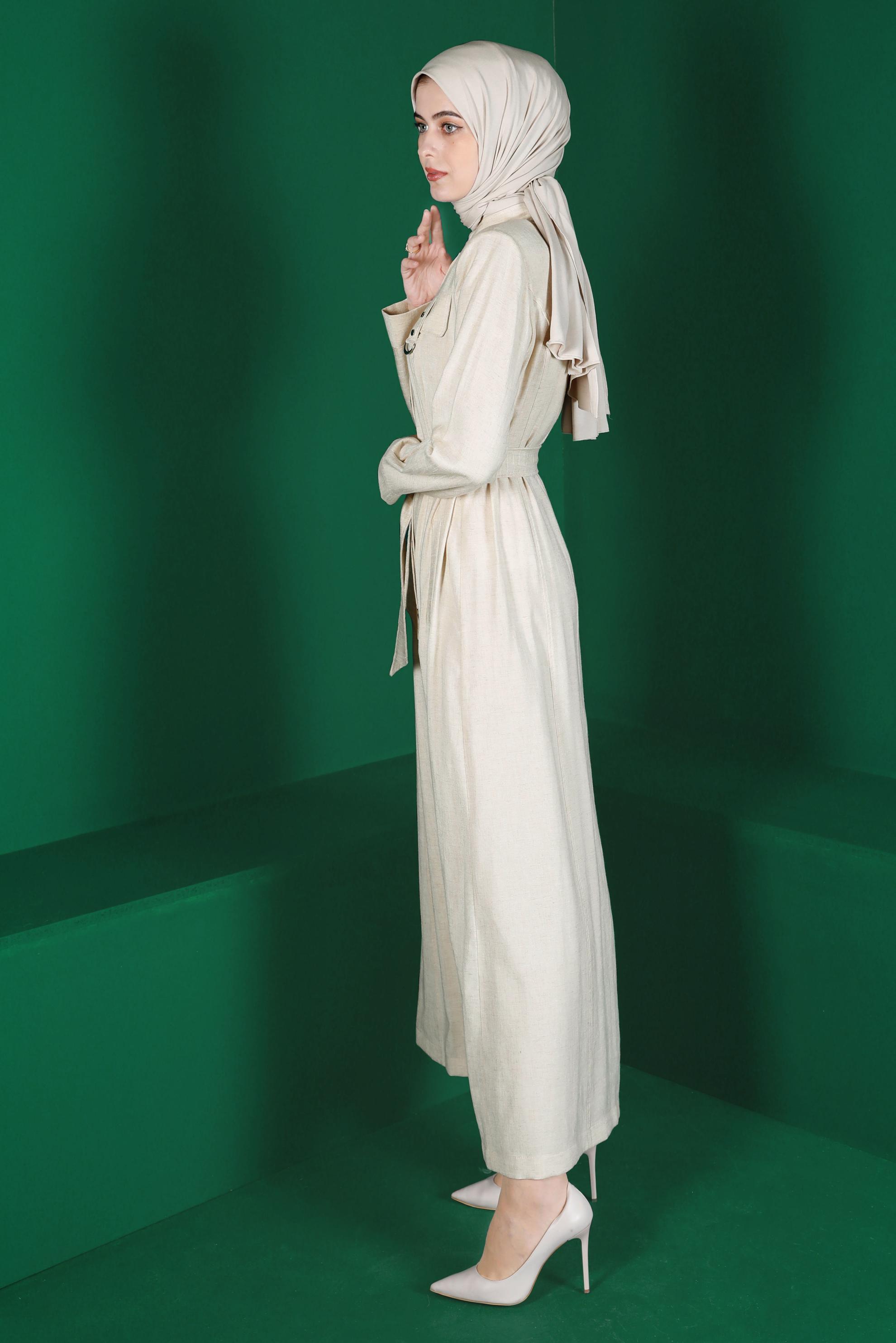 Tesettür giyim BEJ ÇİZGİLİ DÜĞMELİ KUŞAKLI PARDESÜ 10589