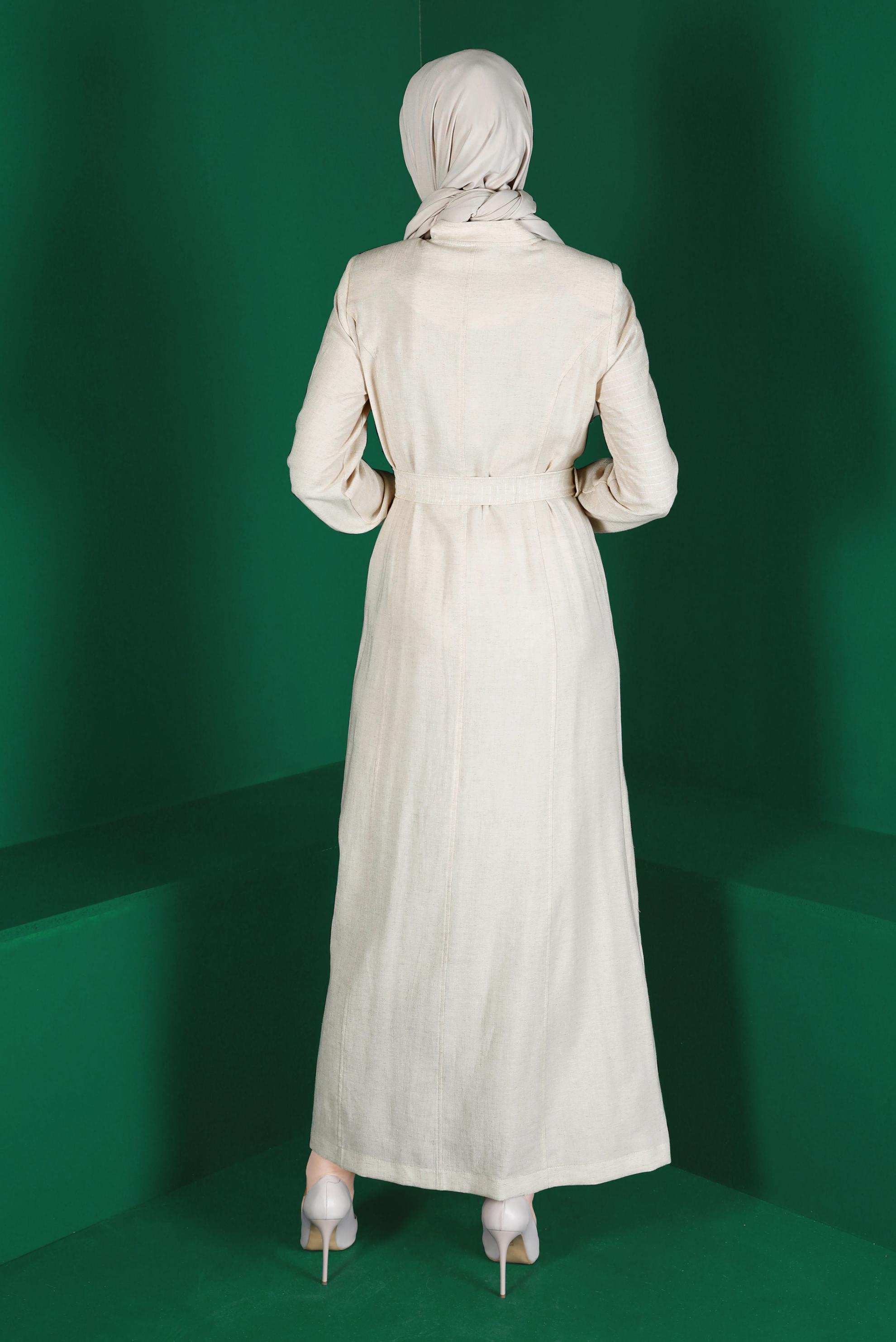 Tesettür giyim BEJ ÇİZGİLİ DÜĞMELİ KUŞAKLI PARDESÜ 10589