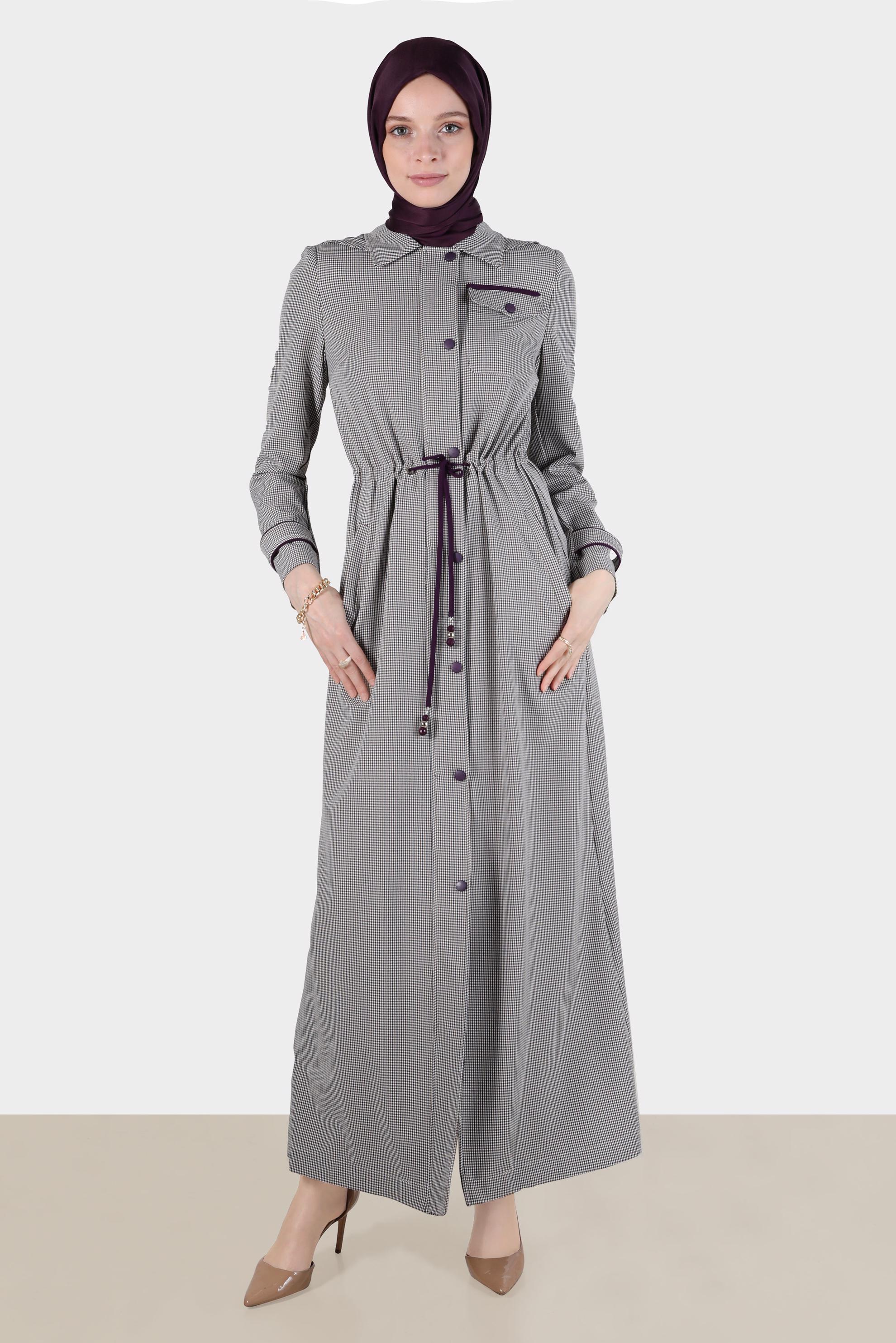 Tesettür giyim MOR BELİ BÜZGÜLÜ PÖTİKARE PARDESÜ 10590 