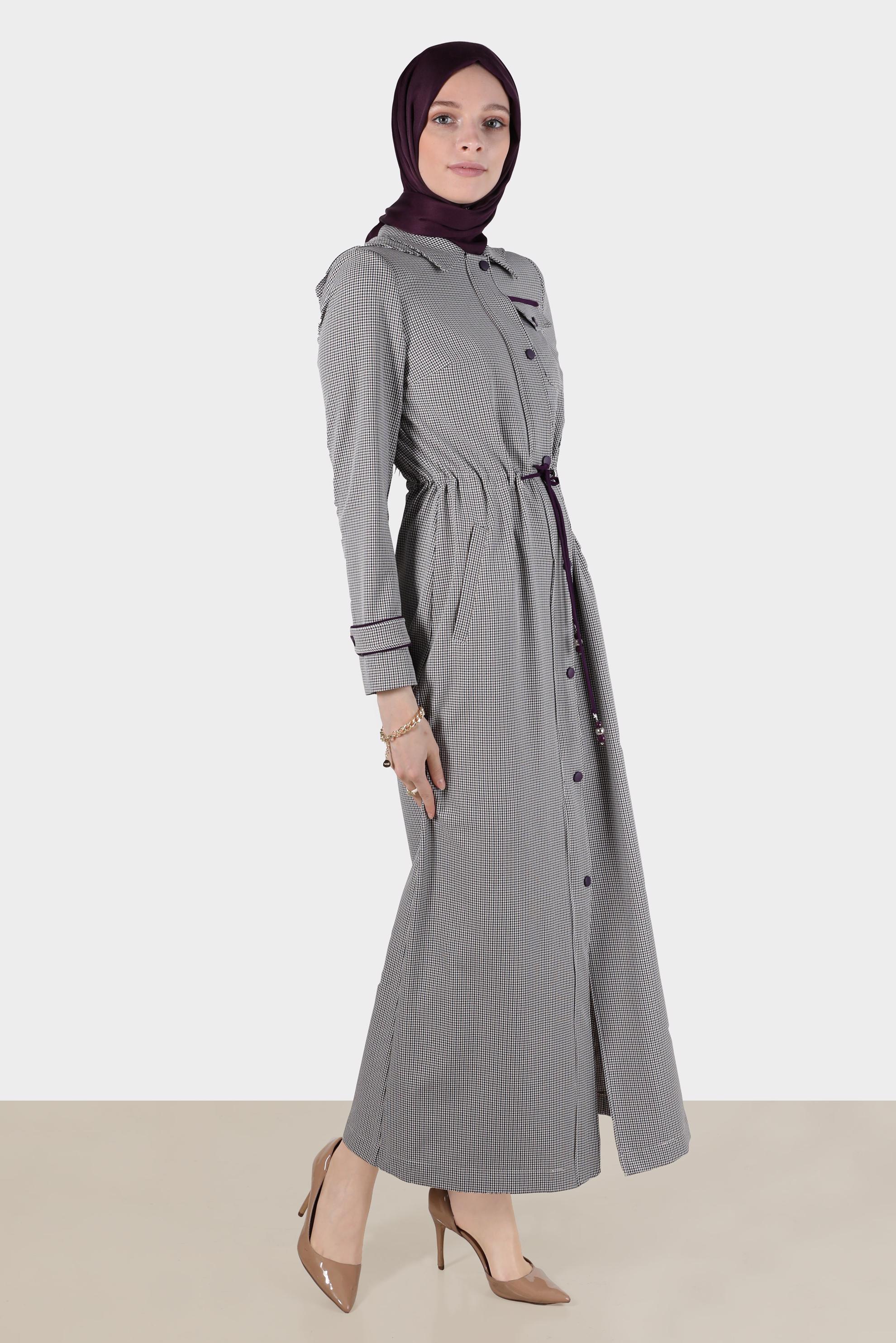 Tesettür giyim MOR BELİ BÜZGÜLÜ PÖTİKARE PARDESÜ 10590 