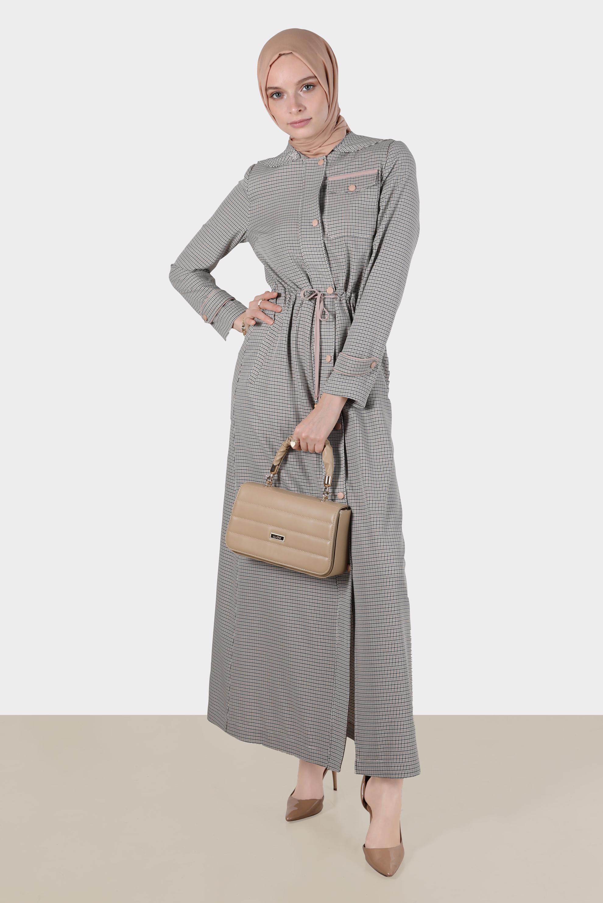 Tesettür giyim KAHVE BELİ BÜZGÜLÜ PÖTİKARE PARDESÜ 10590 