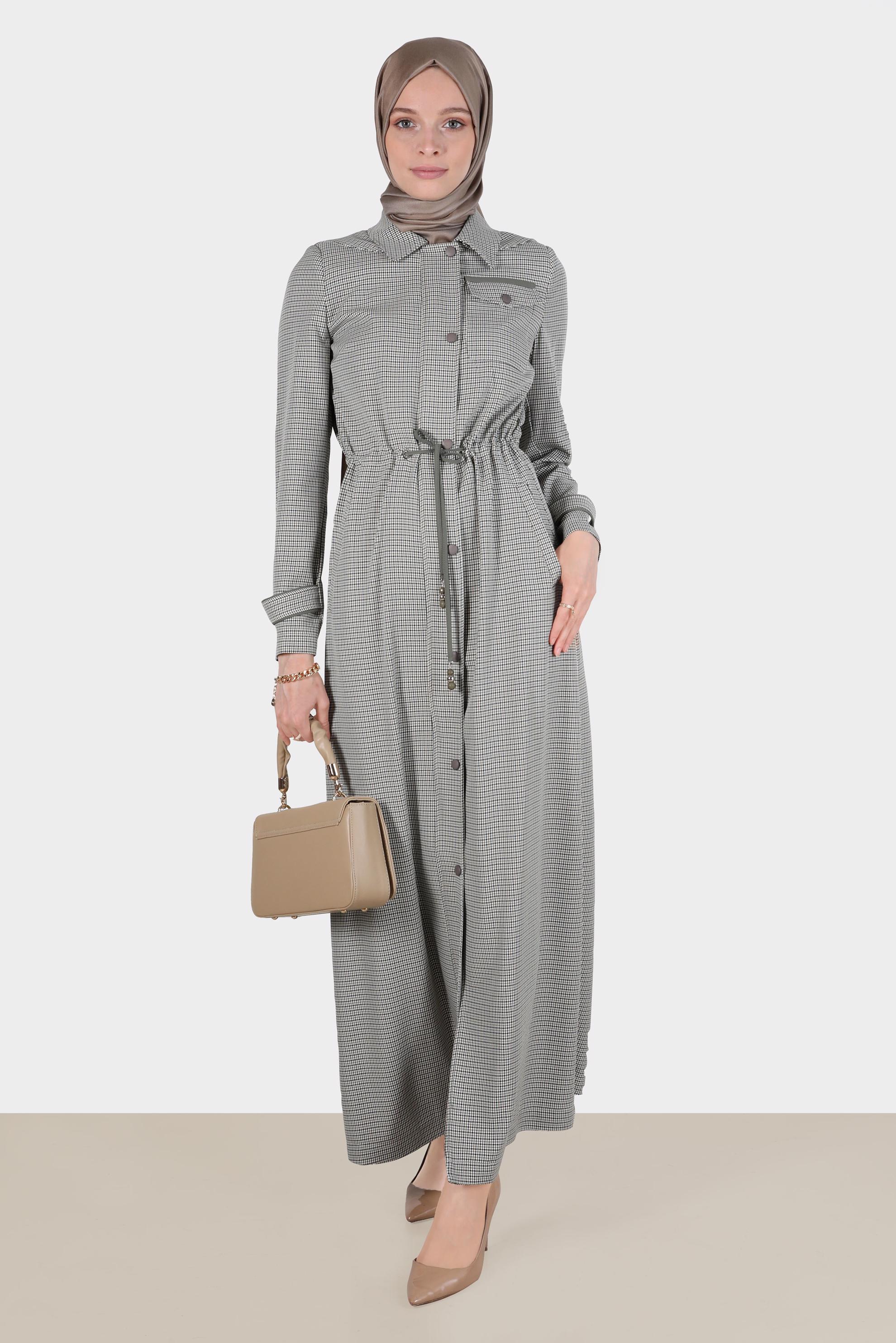 Hijab clothing KHAKI SMOCKING WAIST GINGHAM PATTERN TOPCOAT 10590 