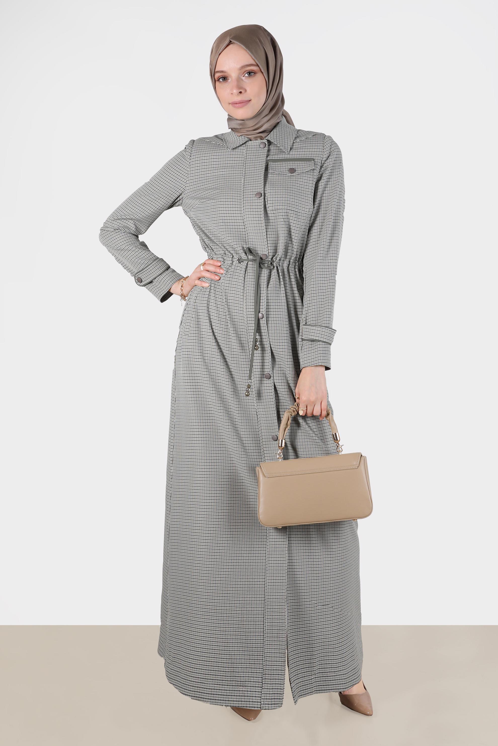 Hijab clothing KHAKI SMOCKING WAIST GINGHAM PATTERN TOPCOAT 10590 