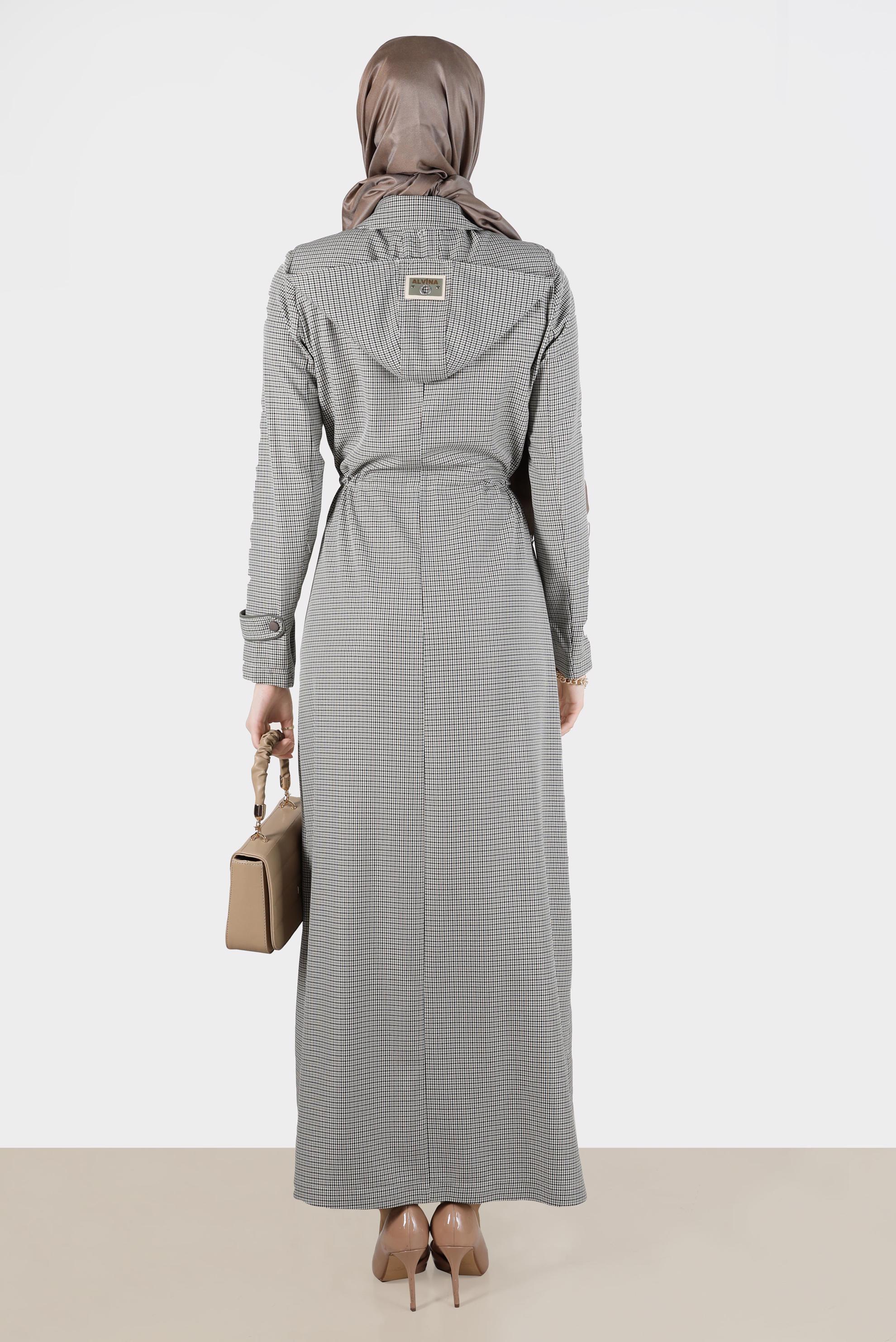 Hijab clothing KHAKI SMOCKING WAIST GINGHAM PATTERN TOPCOAT 10590 