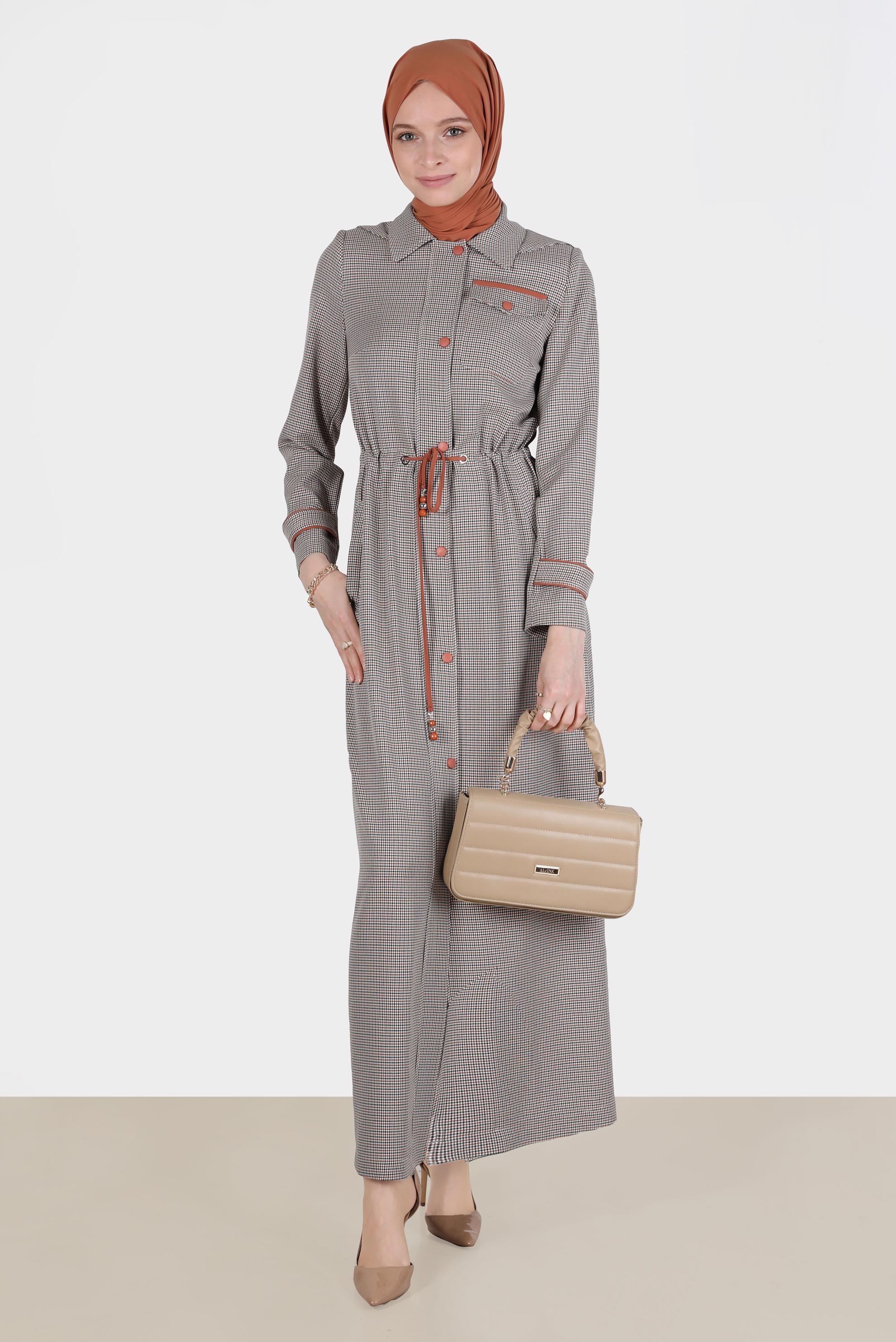 Tesettür giyim TURUNCU BELİ BÜZGÜLÜ PÖTİKARE PARDESÜ 10590 