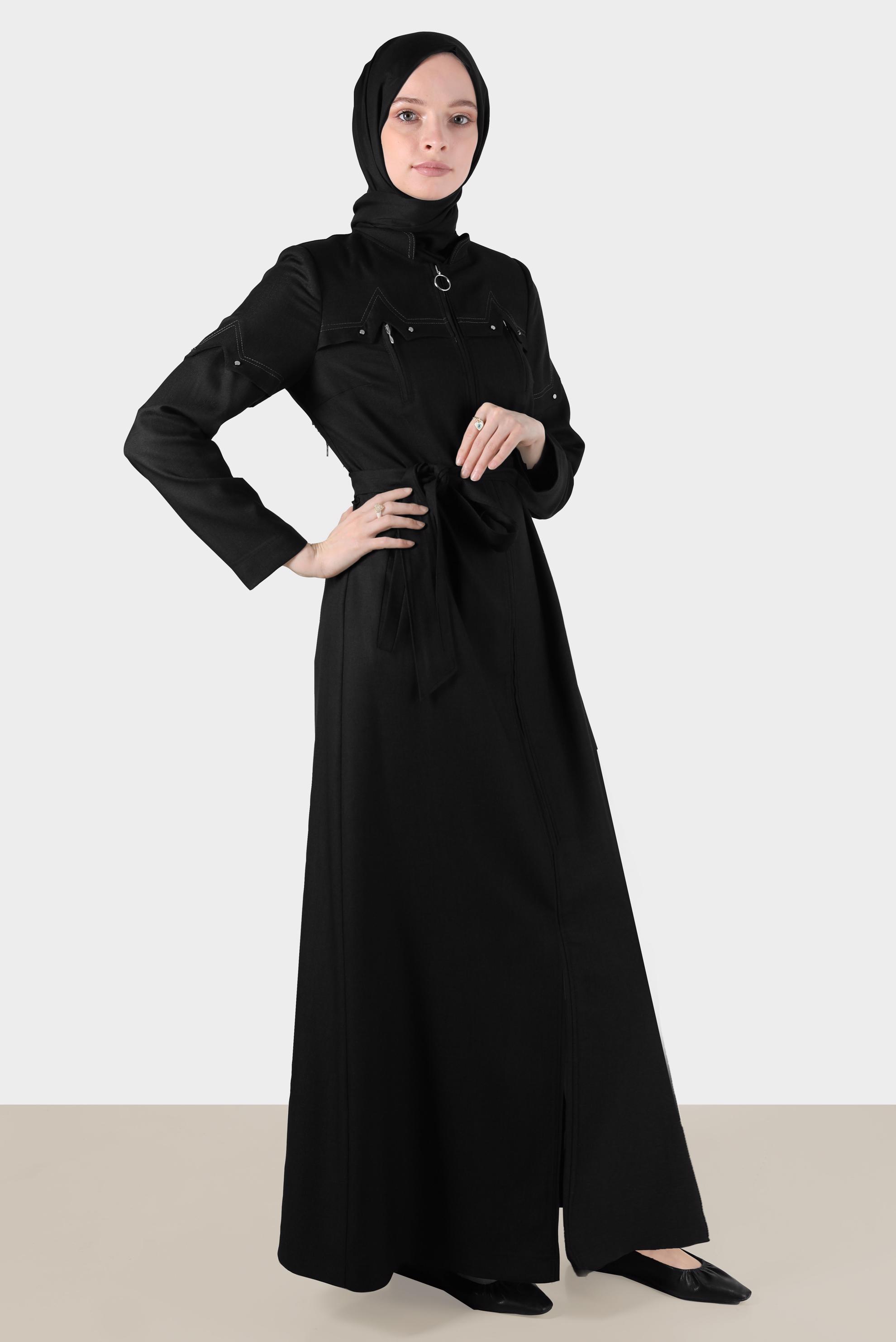 Tesettür giyim SİYAH FERMUARLI KUŞAKLI PARDESÜ 10602