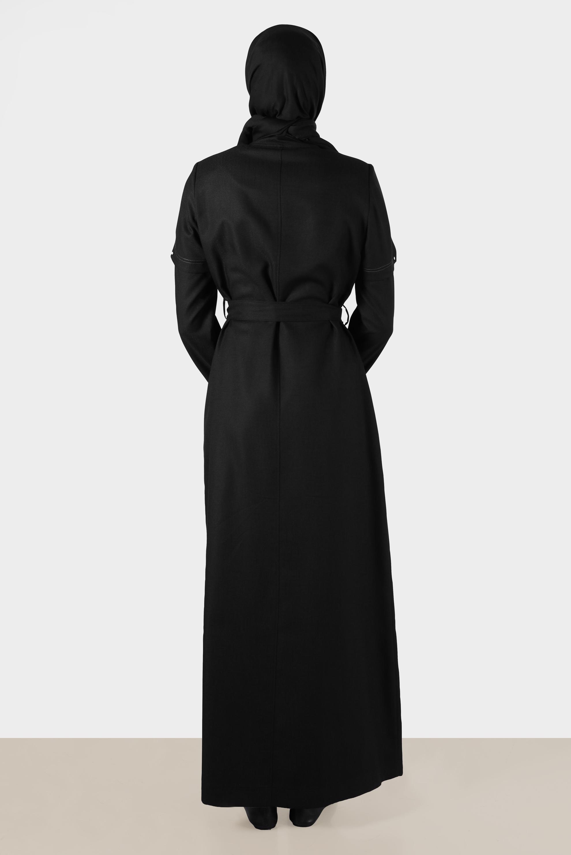 Tesettür giyim SİYAH FERMUARLI KUŞAKLI PARDESÜ 10602