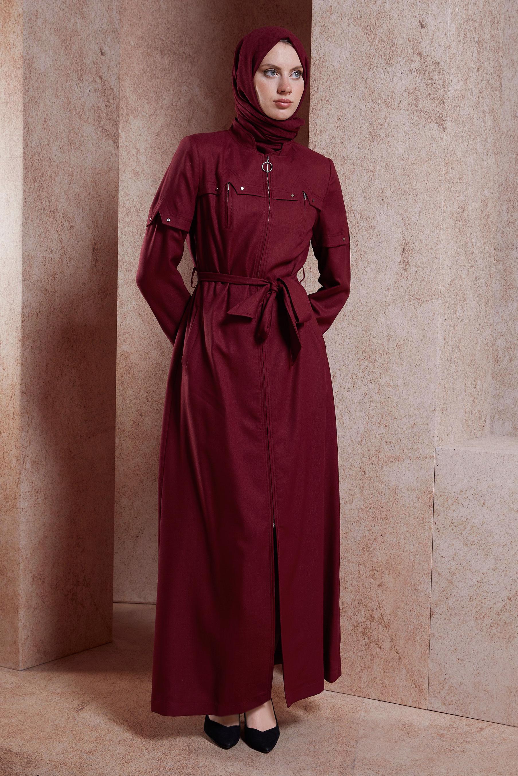 Tesettür giyim BORDO FERMUARLI KUŞAKLI PARDESÜ 10602