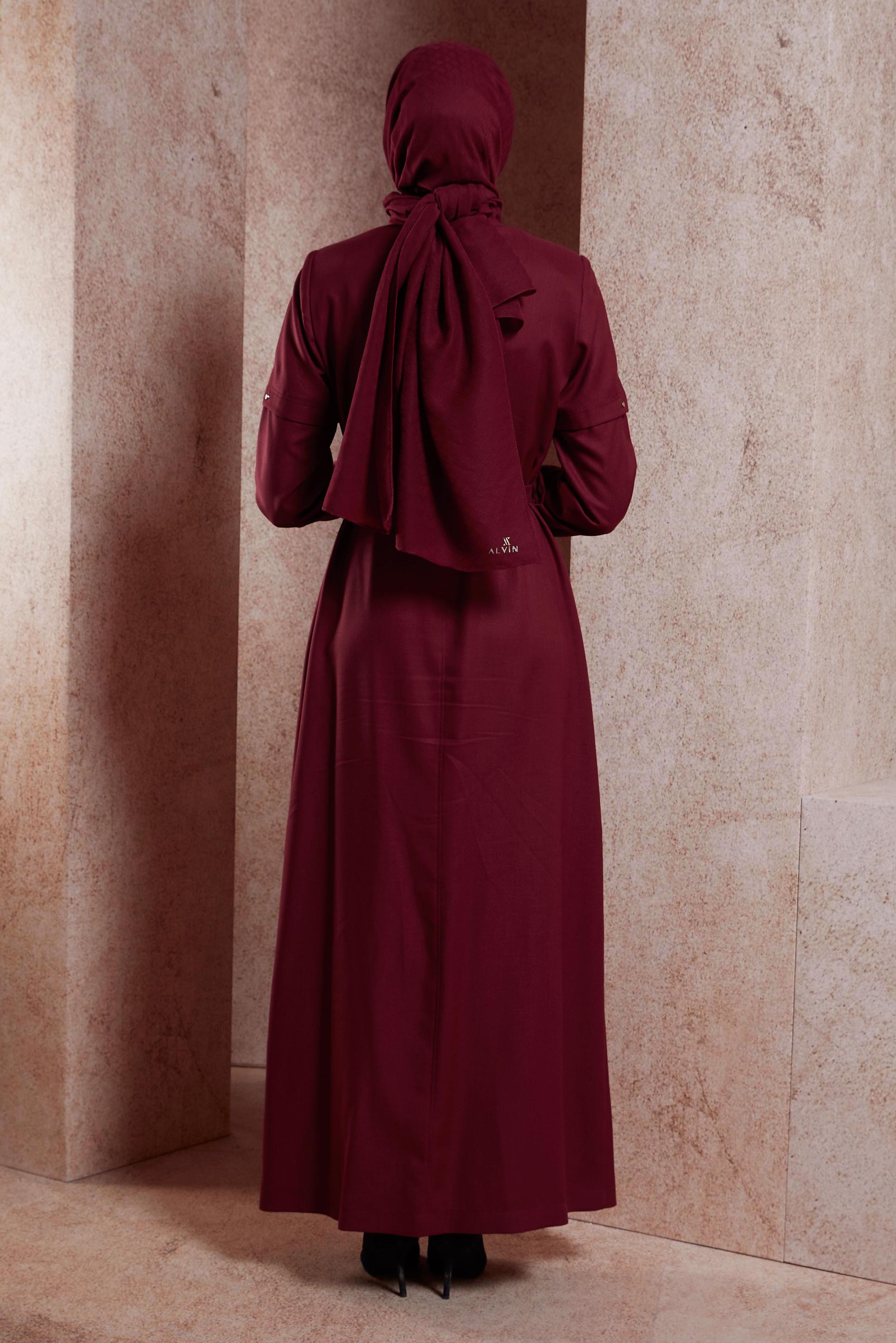 Tesettür giyim BORDO FERMUARLI KUŞAKLI PARDESÜ 10602