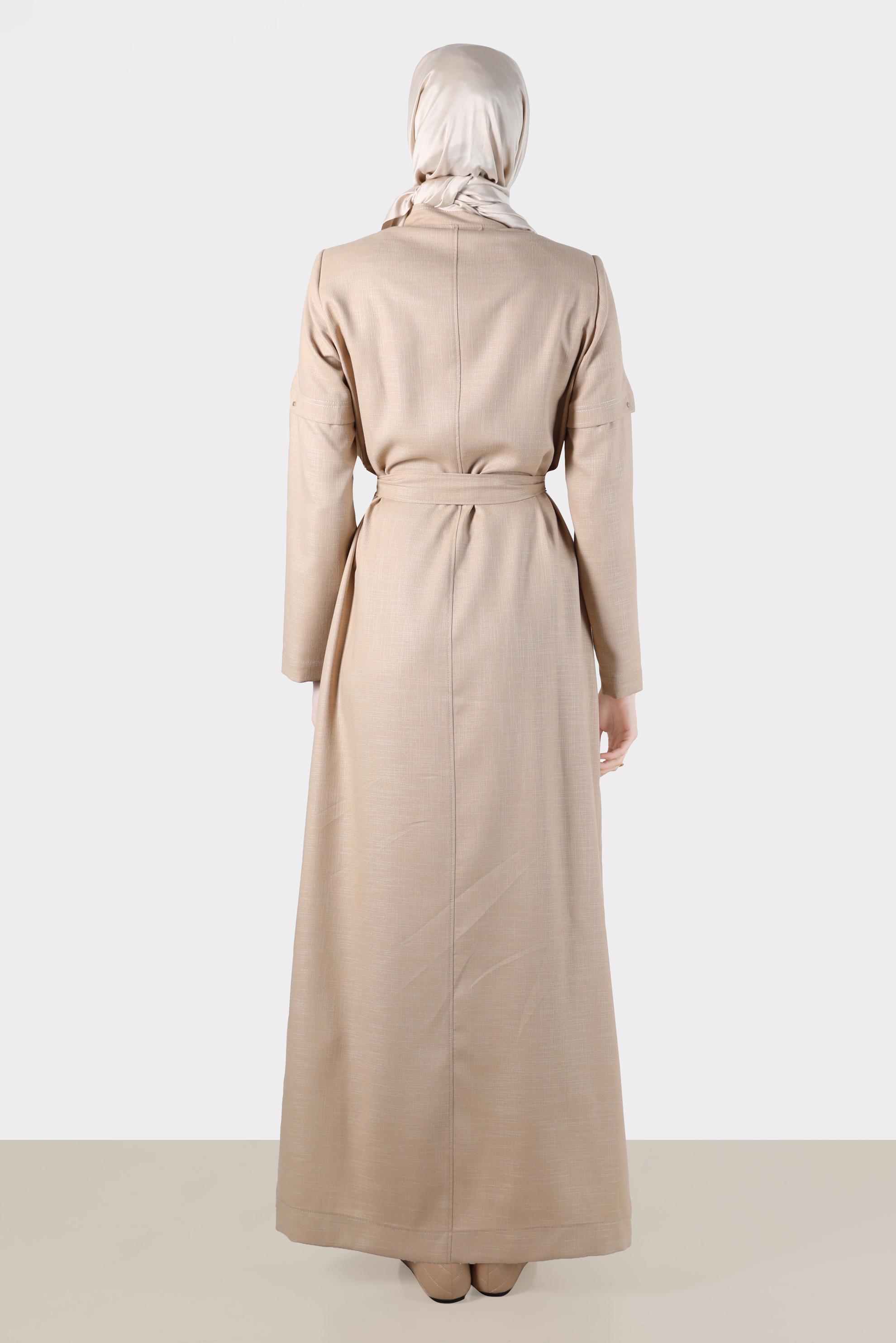 Tesettür giyim KAHVE FERMUARLI KUŞAKLI PARDESÜ 10602