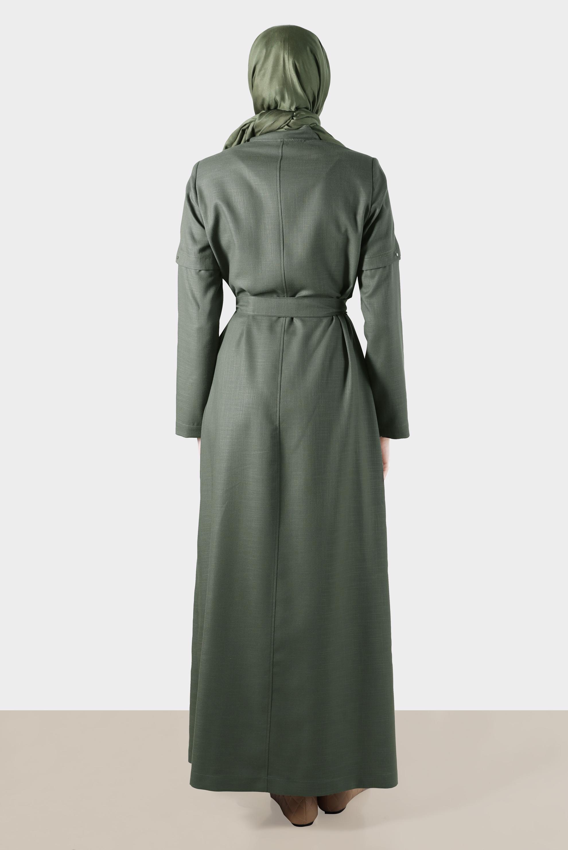 Tesettür giyim HAKİ FERMUARLI KUŞAKLI PARDESÜ 10602