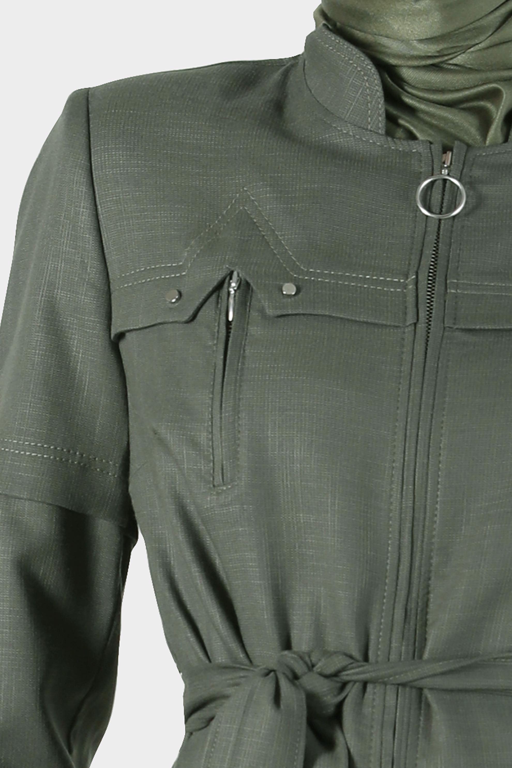 Tesettür giyim HAKİ FERMUARLI KUŞAKLI PARDESÜ 10602