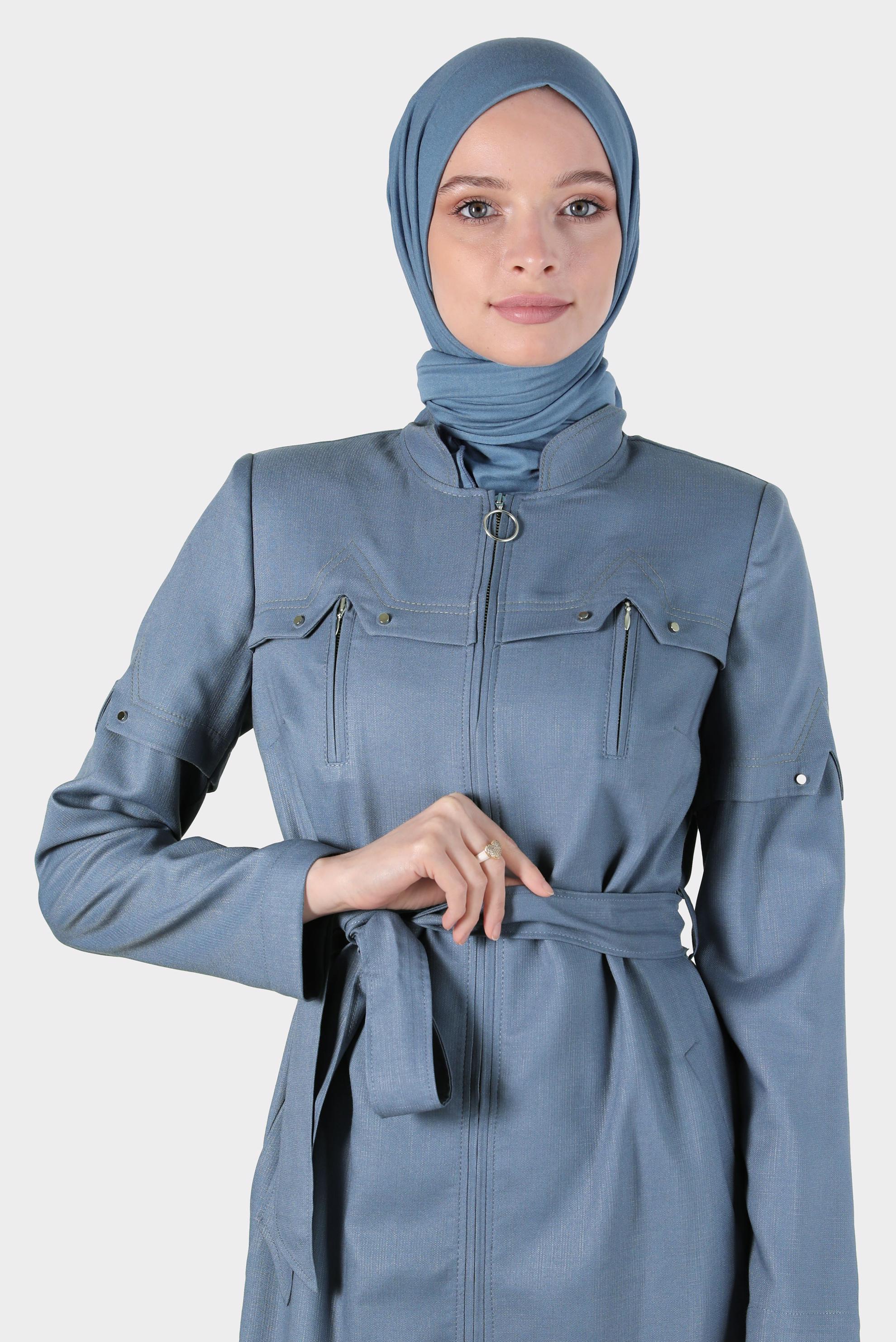 Tesettür giyim LACİVERT FERMUARLI KUŞAKLI PARDESÜ 10602