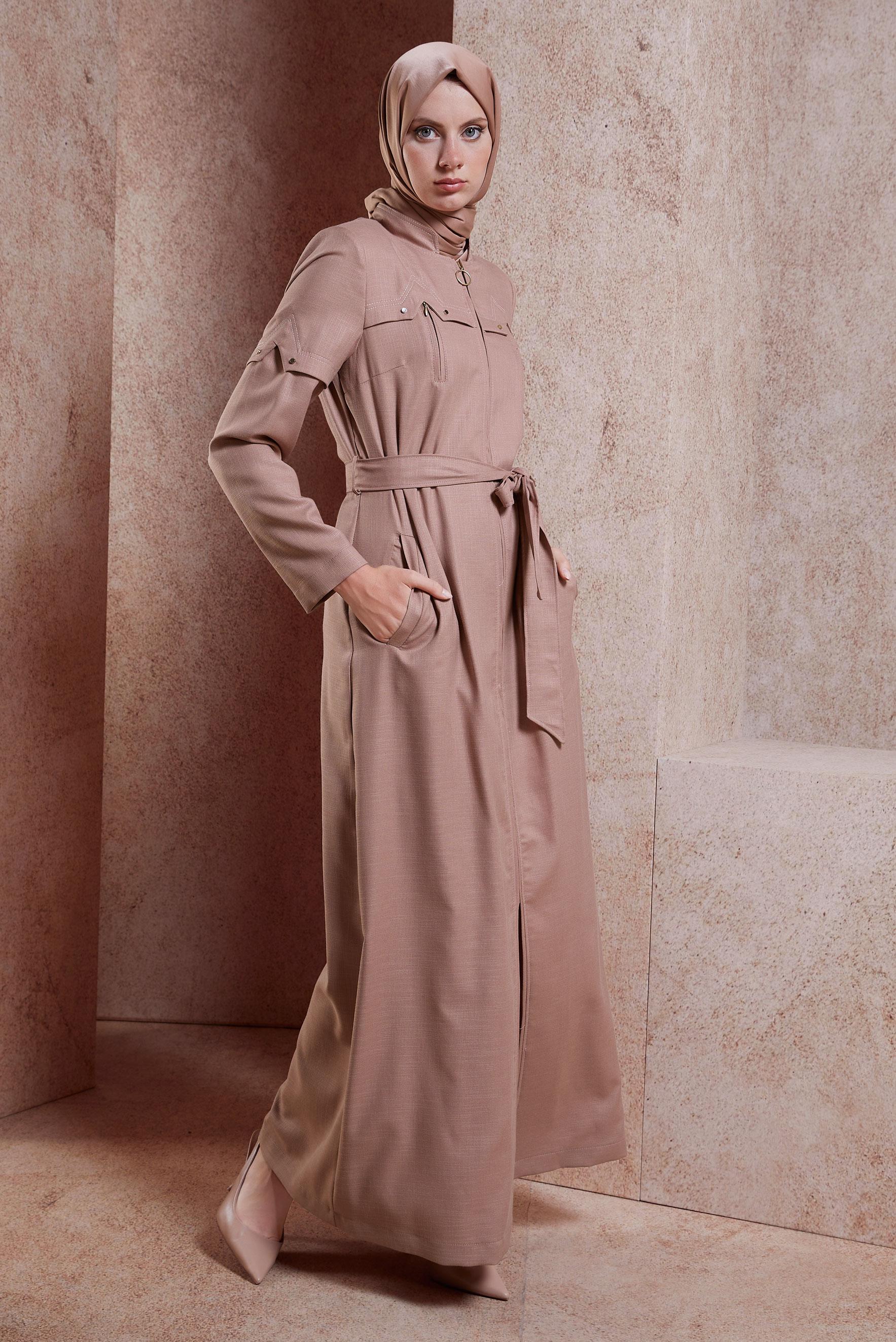 Tesettür giyim PEMBE FERMUARLI KUŞAKLI PARDESÜ 10602