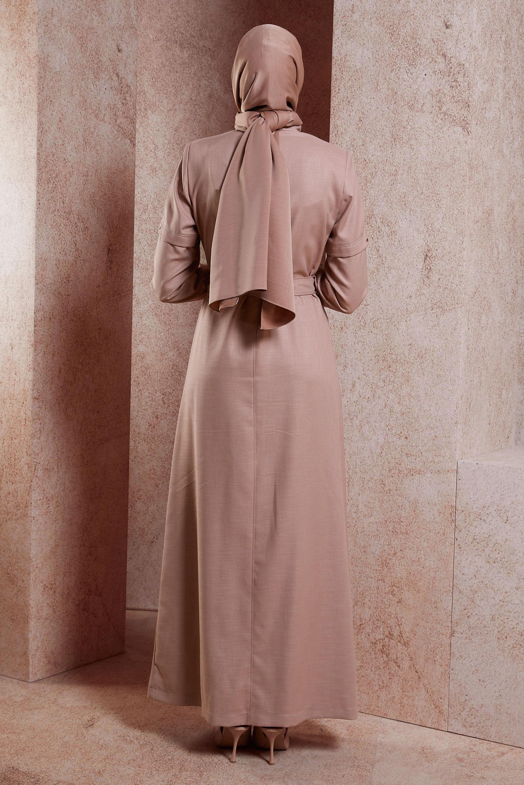 Tesettür giyim PEMBE FERMUARLI KUŞAKLI PARDESÜ 10602