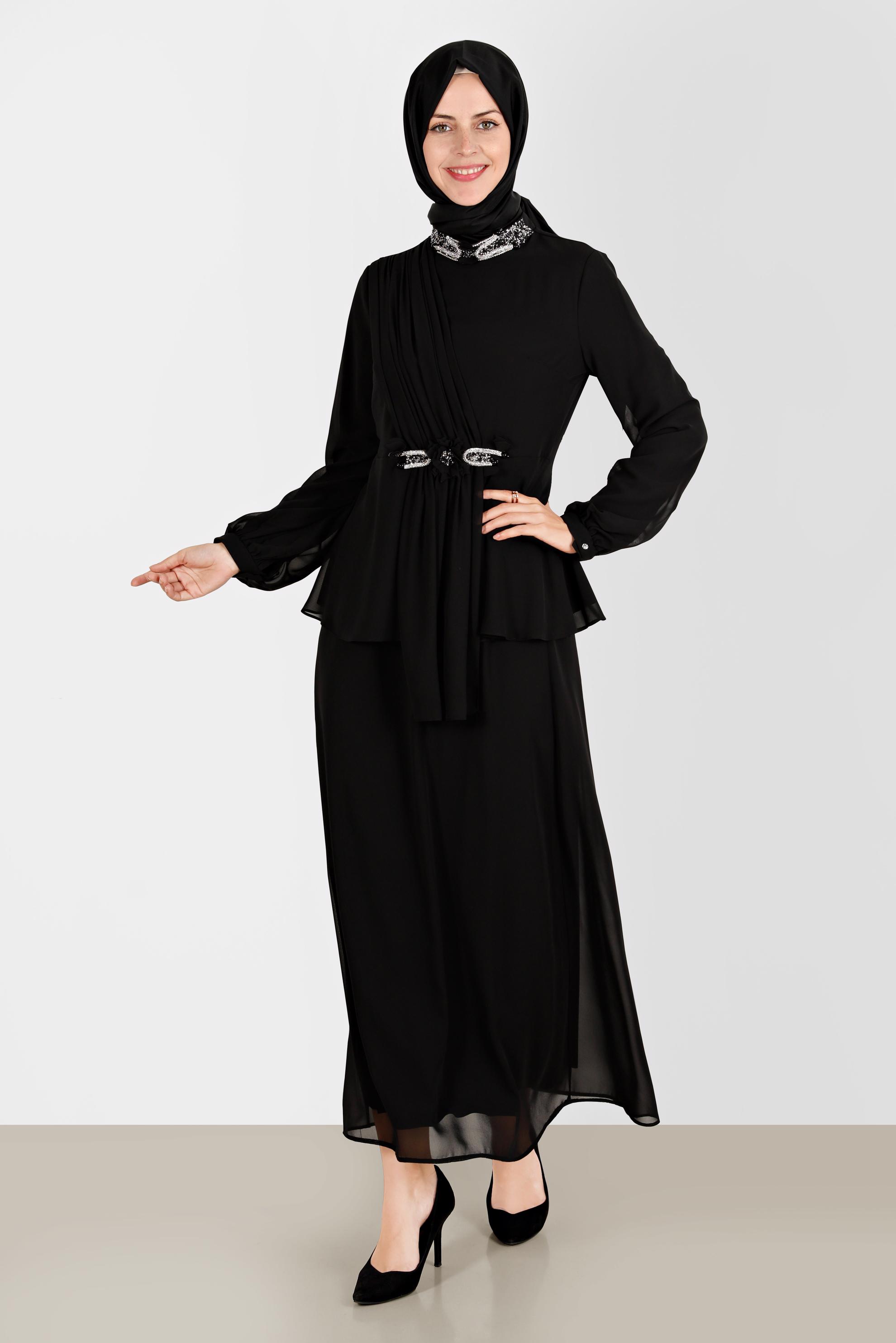 Tesettür giyim SİYAH TAŞ İŞLEMELİ İKİLİ ETEKLİ TAKIM 30252 