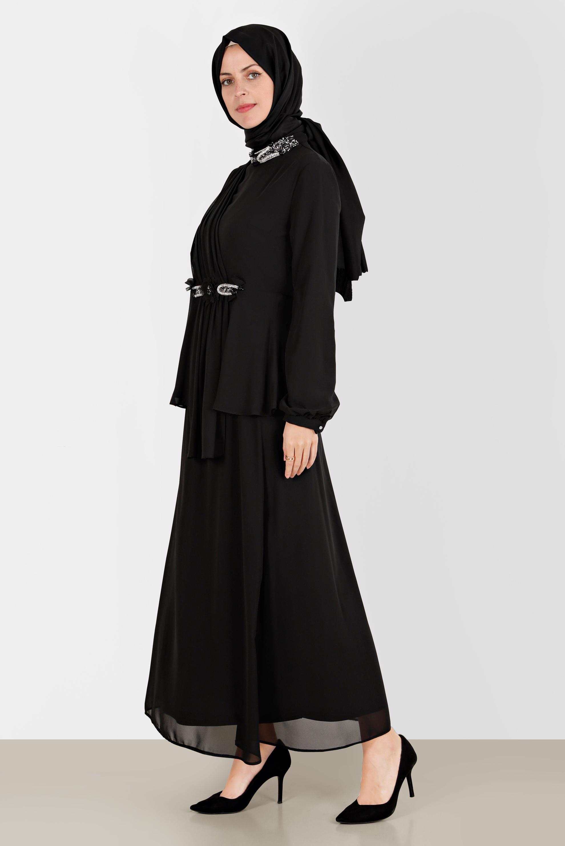 Tesettür giyim SİYAH TAŞ İŞLEMELİ İKİLİ ETEKLİ TAKIM 30252 