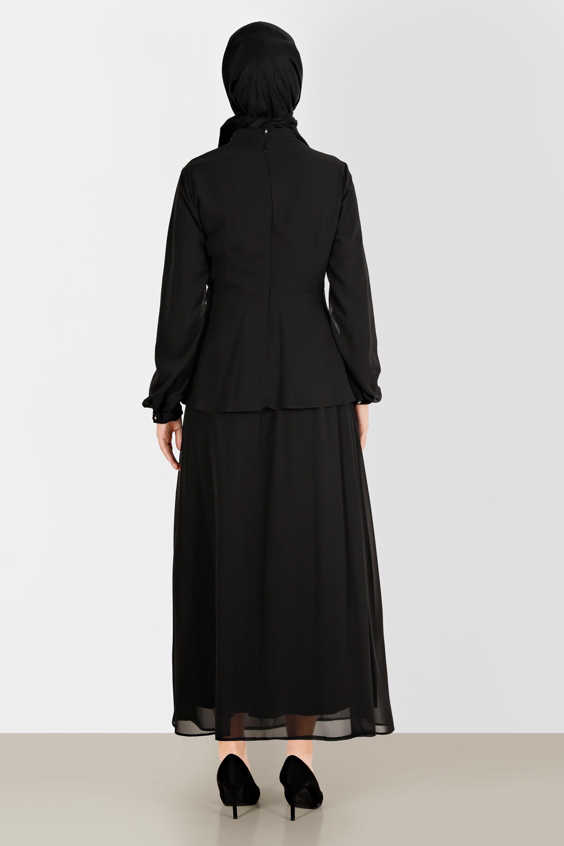 Tesettür giyim SİYAH TAŞ İŞLEMELİ İKİLİ ETEKLİ TAKIM 30252 