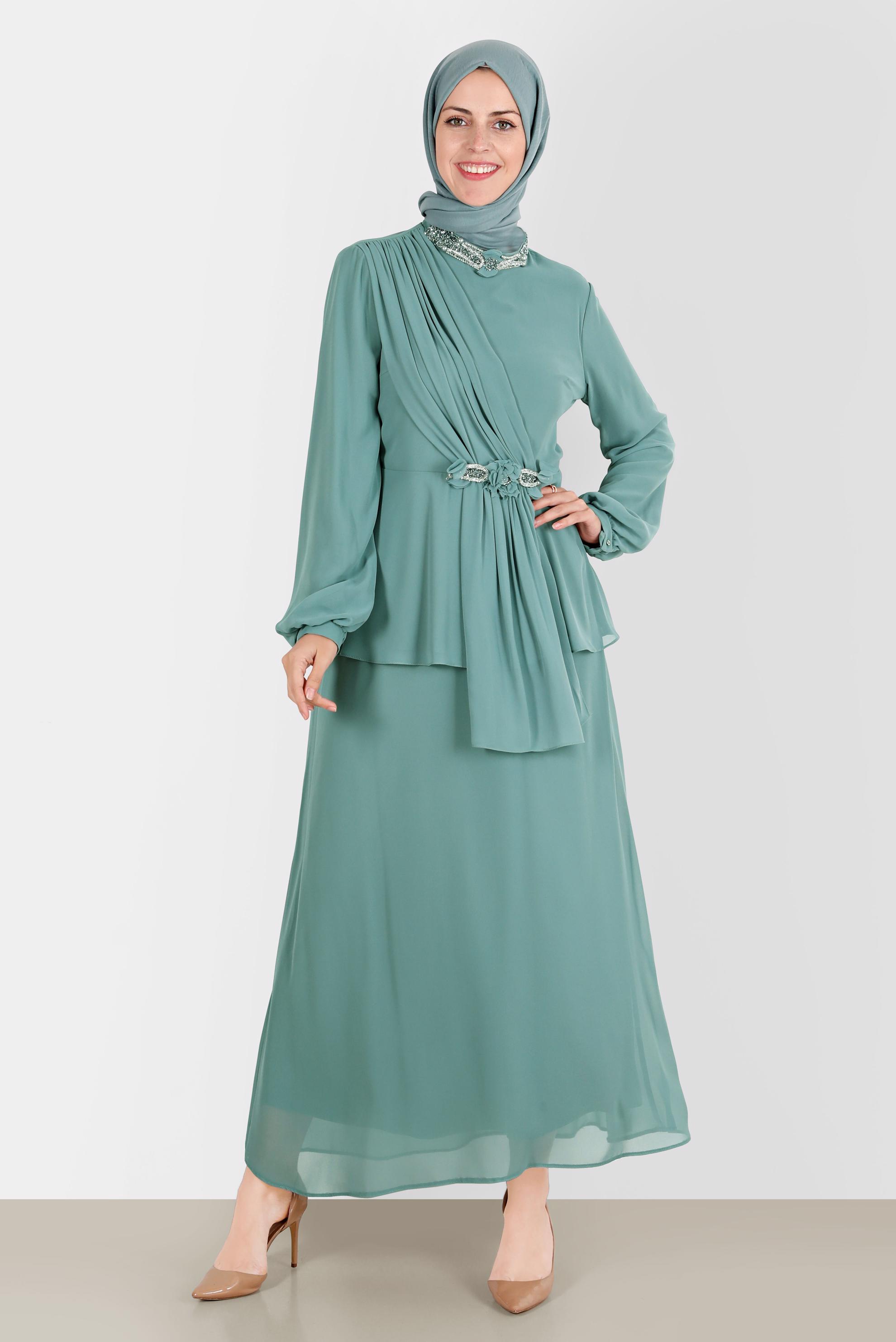 Hijab clothing BLUE GEM EMBROIDERED 2-PIECE SKIRTED SUIT 30252 