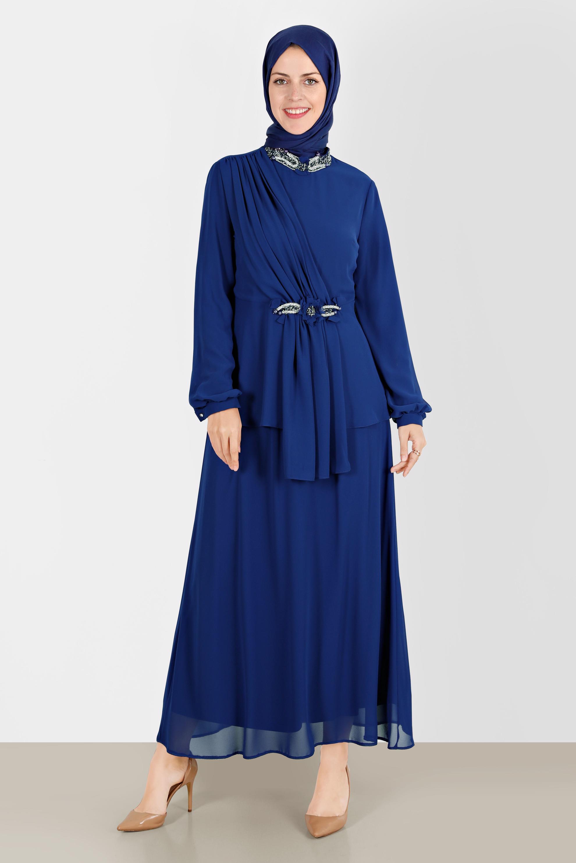 Hijab clothing BLUE GEM EMBROIDERED 2-PIECE SKIRTED SUIT 30252 