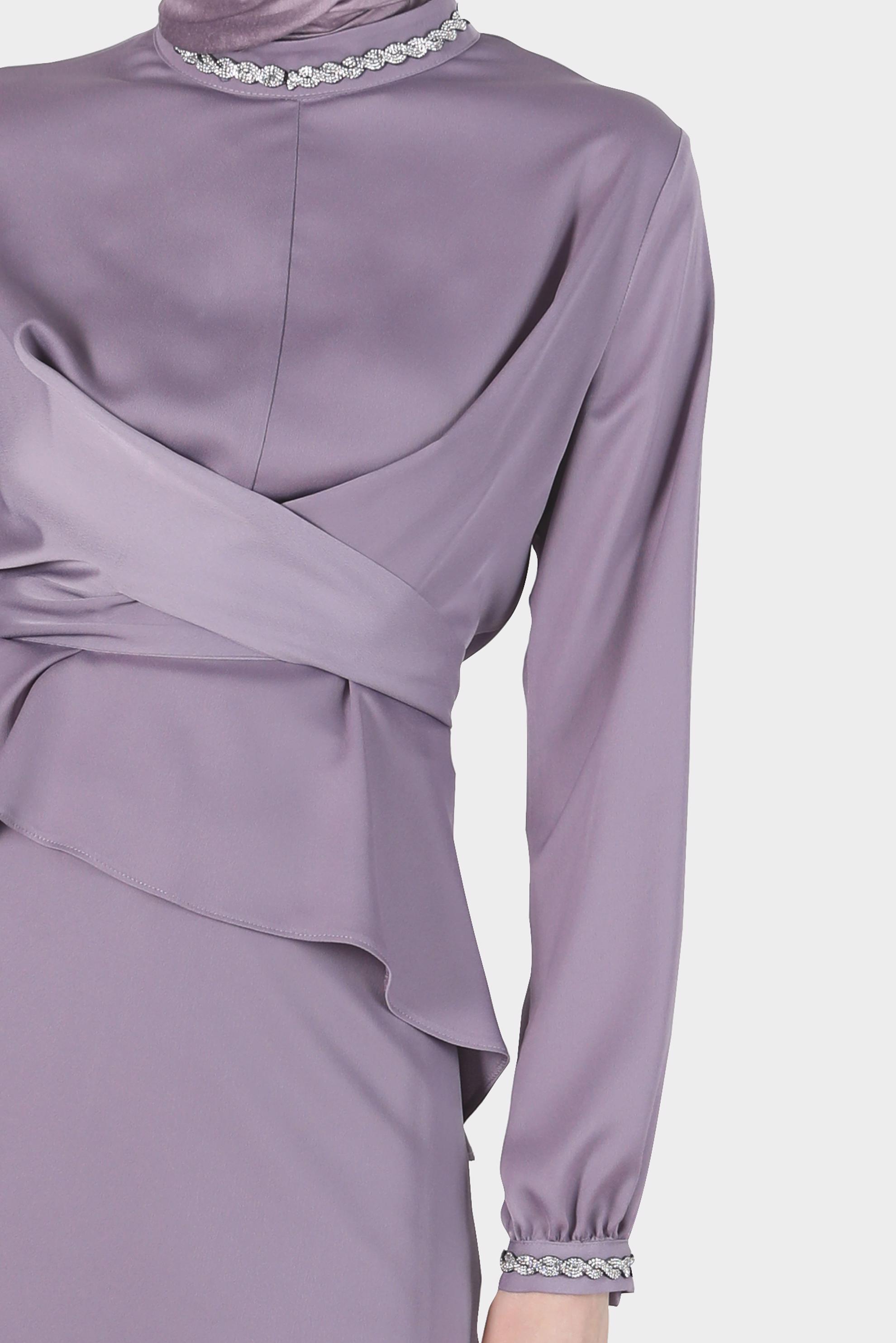 Tesettür giyim MOR ÇAPRAZ BAĞLAMALI SATEN İKİLİ ETEKLİ TAKIM 30280 