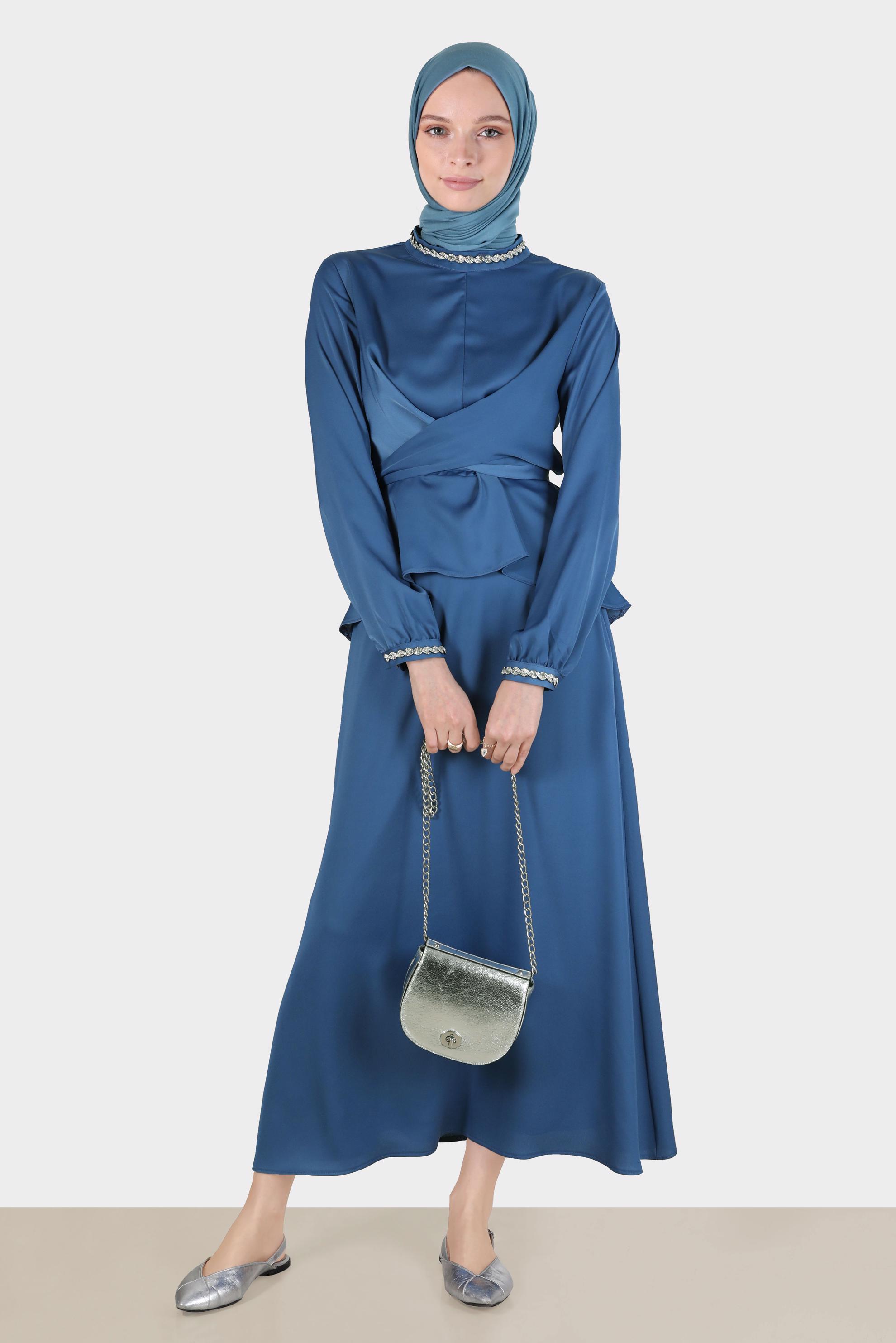 Hijab clothing NAVY BLUE CROSS TIED SATIN SKIRTED SUIT 30280 