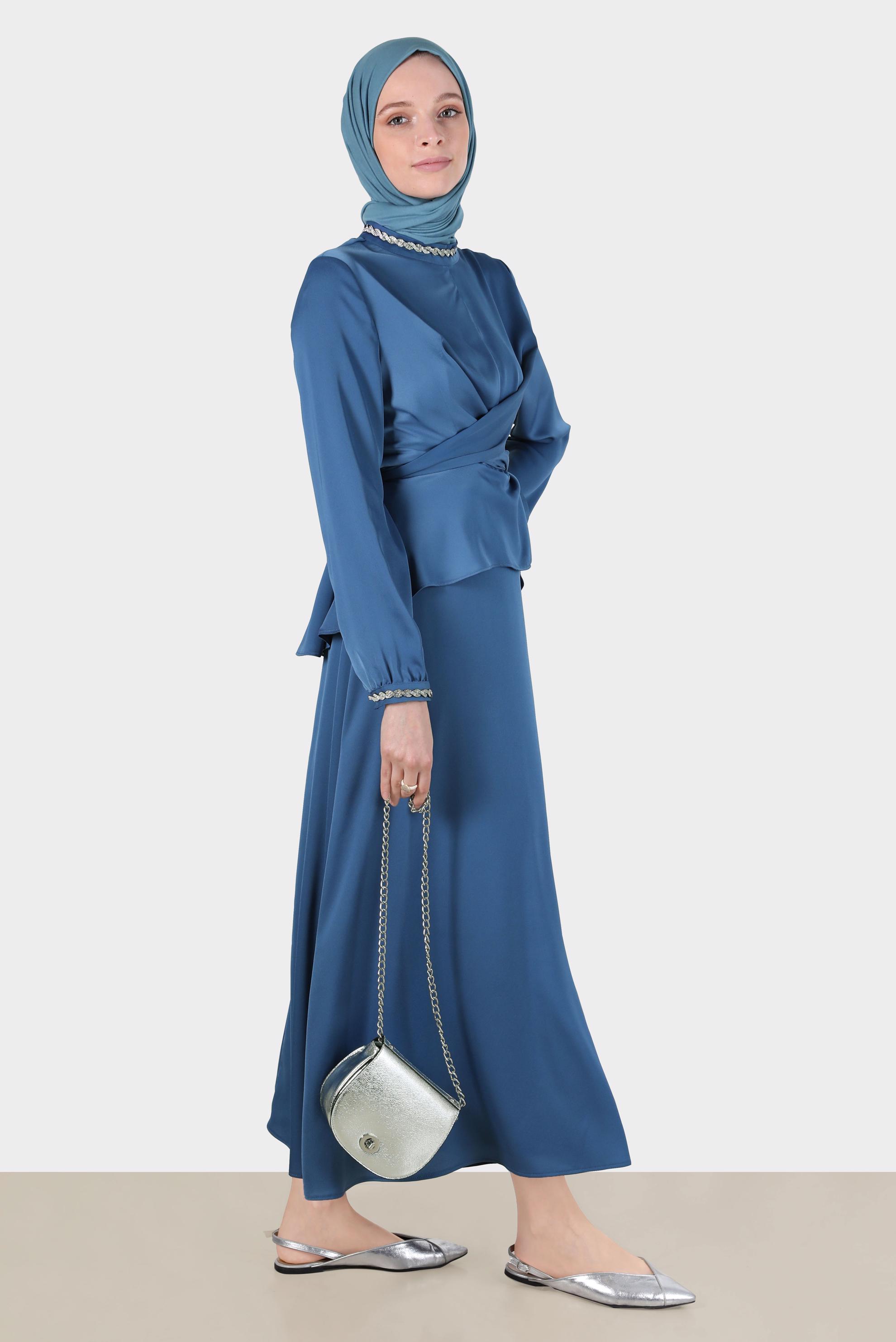 Hijab clothing NAVY BLUE CROSS TIED SATIN SKIRTED SUIT 30280 