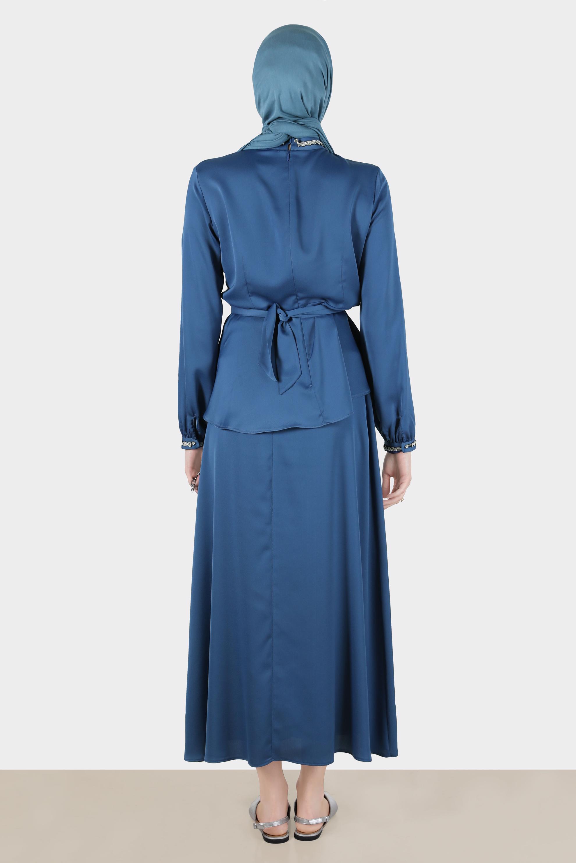Hijab clothing NAVY BLUE CROSS TIED SATIN SKIRTED SUIT 30280 