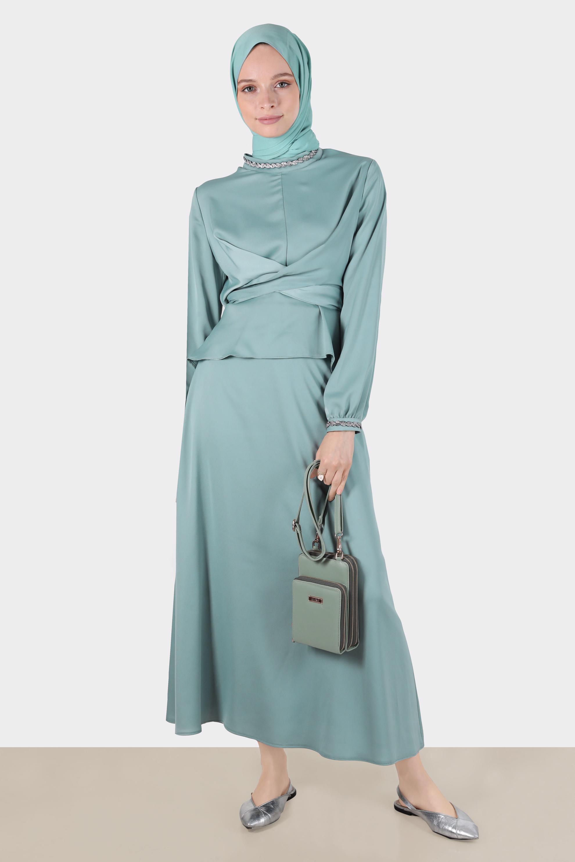 Hijab clothing BLUE CROSS TIED SATIN SKIRTED SUIT 30280 