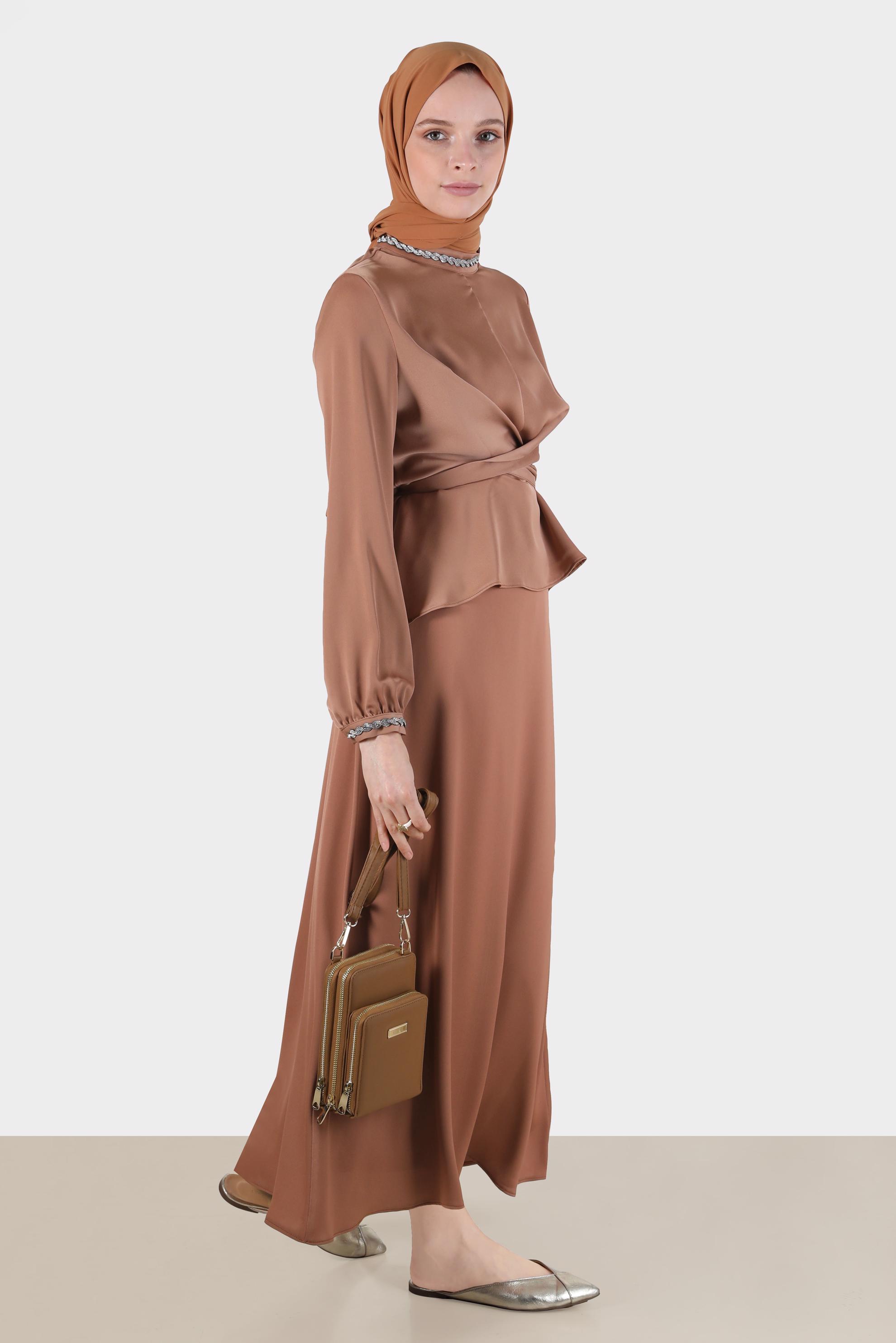 Hijab clothing BROWN CROSS TIED SATIN SKIRTED SUIT 30280 