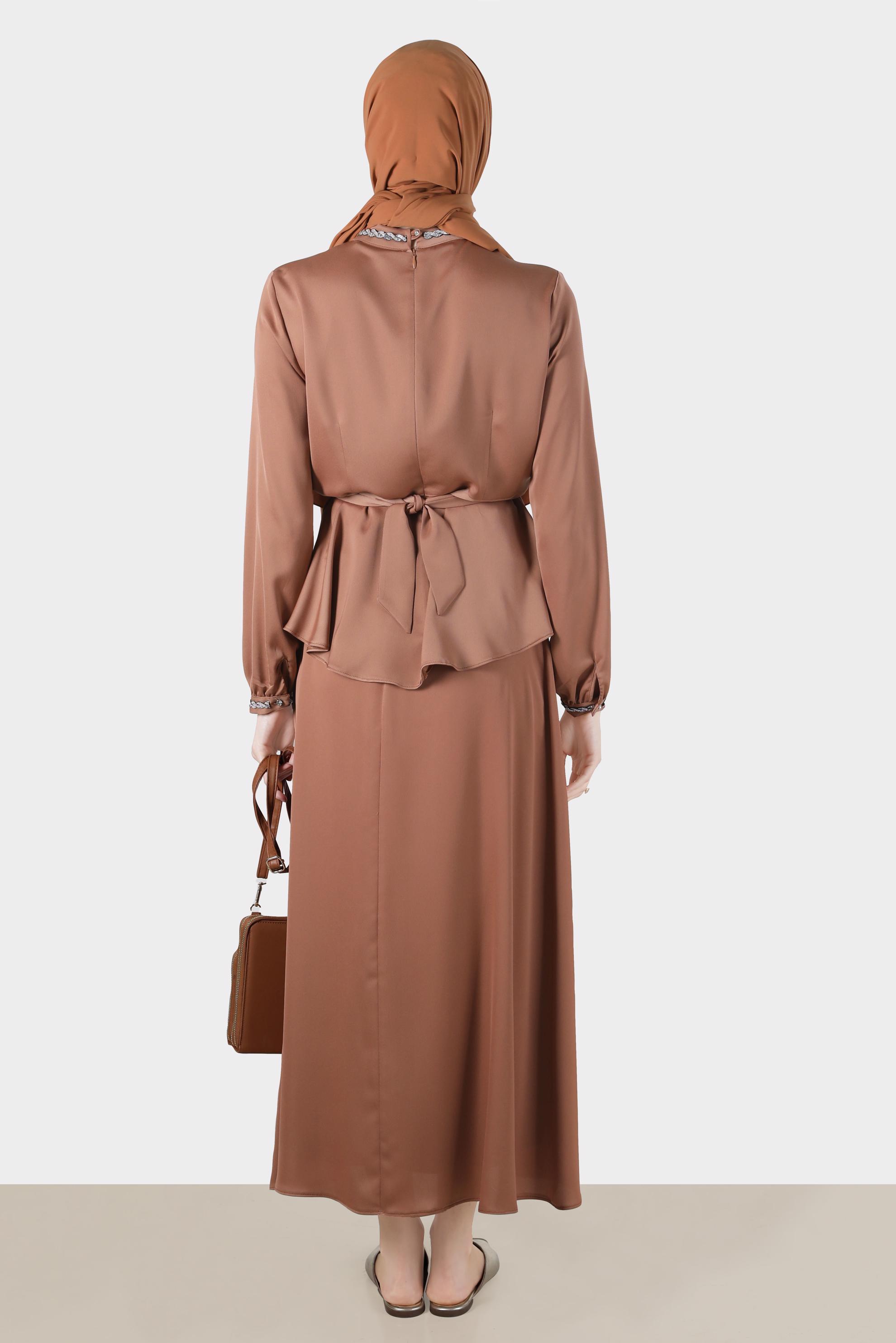 Hijab clothing BROWN CROSS TIED SATIN SKIRTED SUIT 30280 