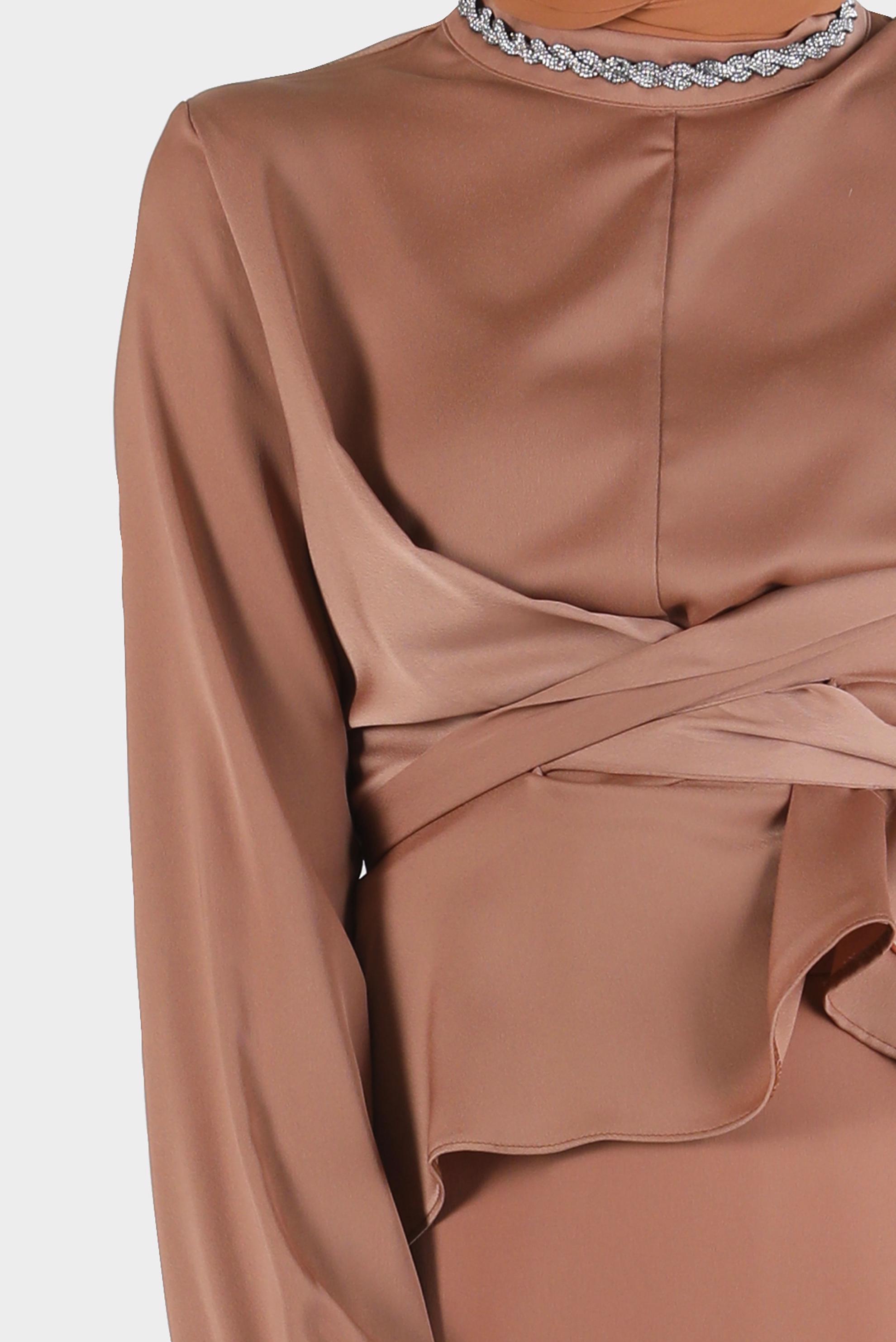 Hijab clothing BROWN CROSS TIED SATIN SKIRTED SUIT 30280 