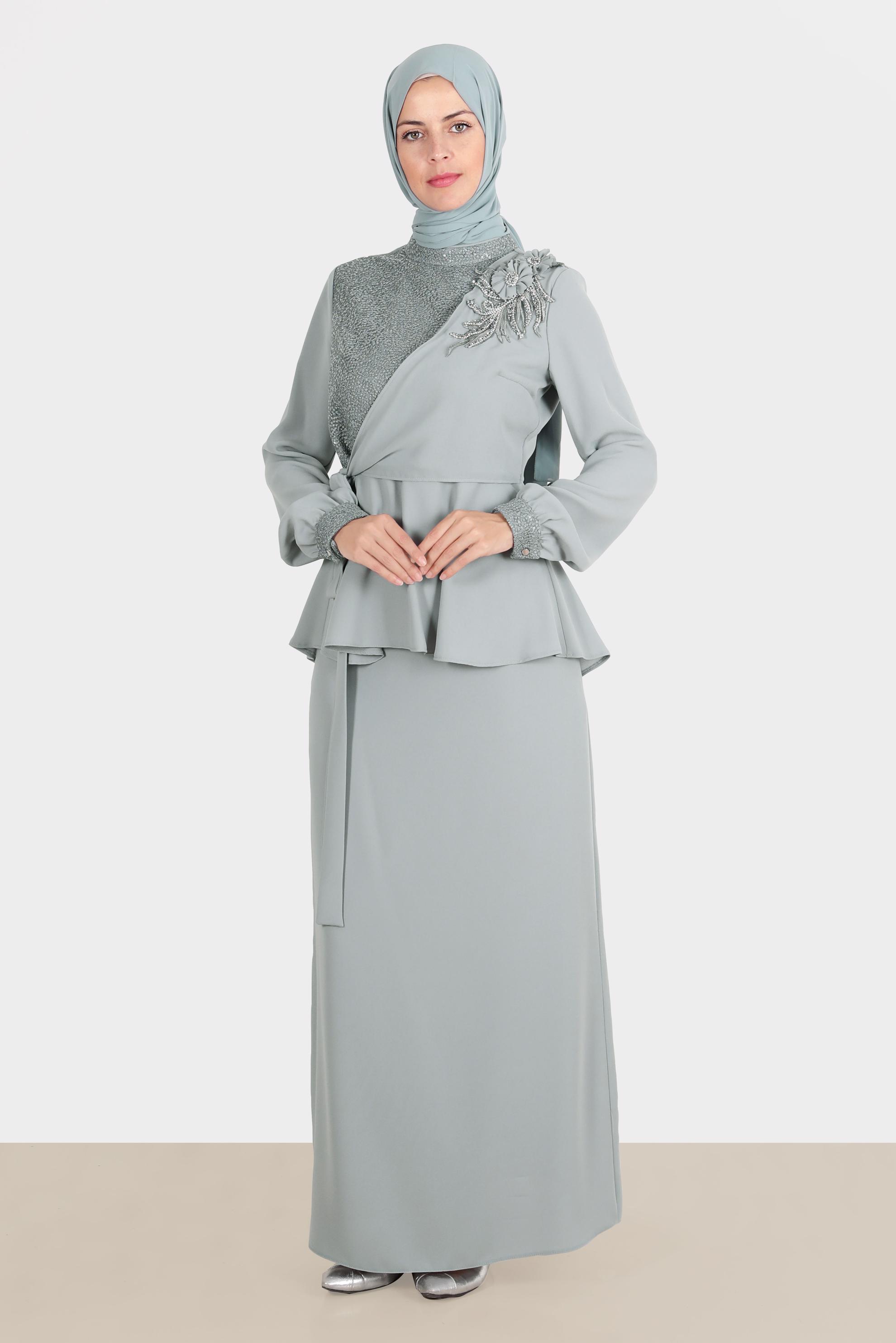 Hijab clothing GREY FLORAL 2-PIECE SKIRTED SUIT WITH GEM 30282 