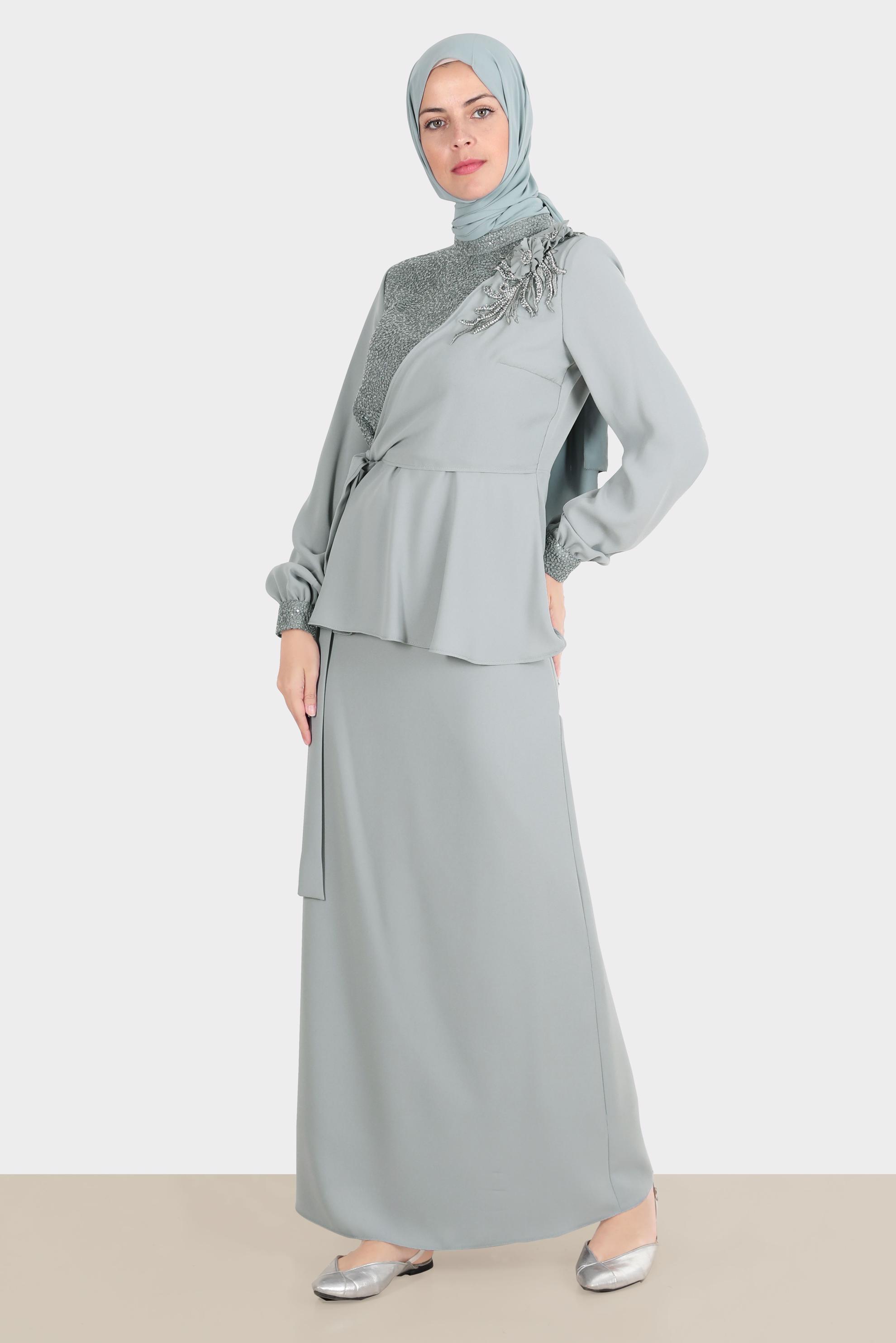 Hijab clothing GREY FLORAL 2-PIECE SKIRTED SUIT WITH GEM 30282 