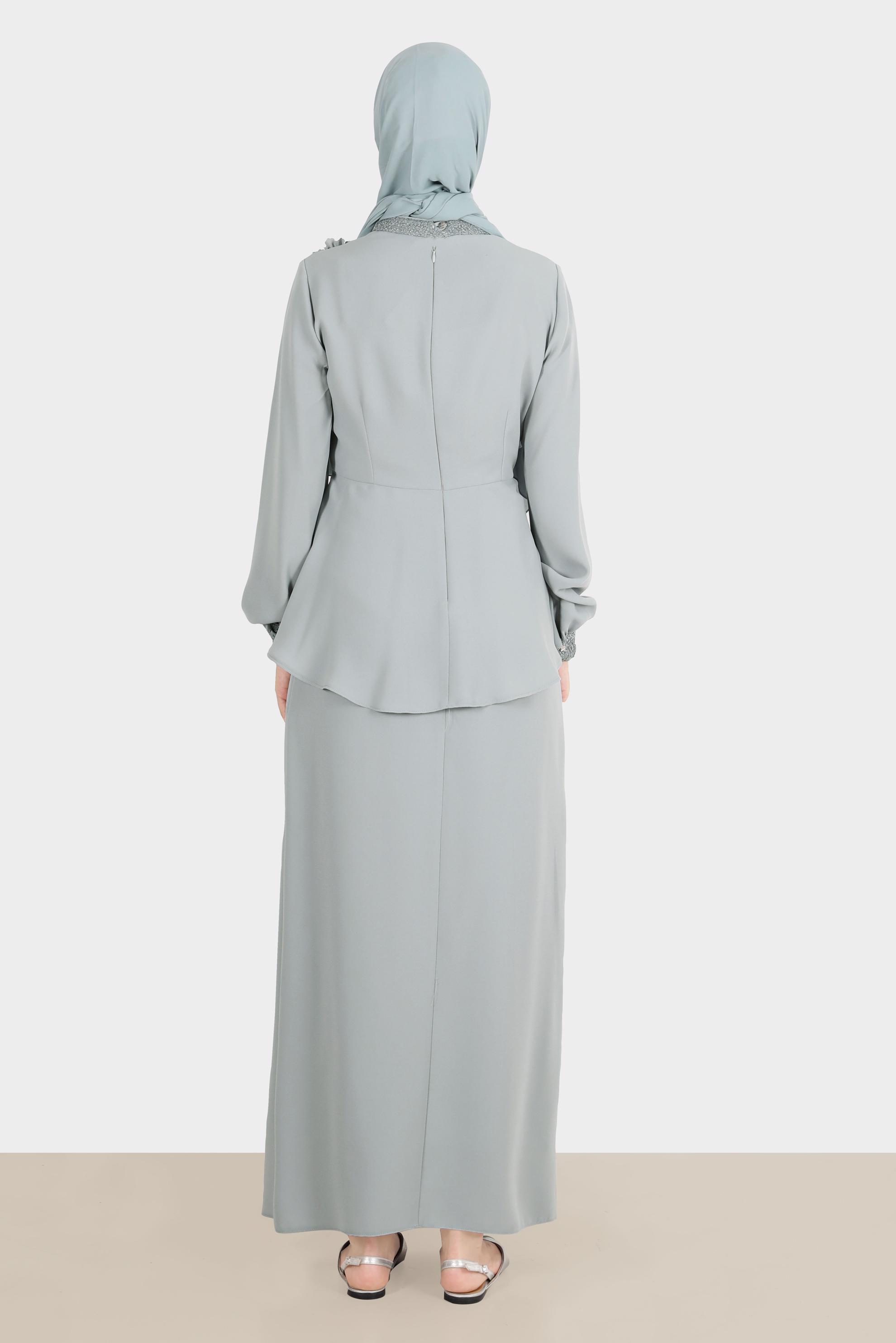 Hijab clothing GREY FLORAL 2-PIECE SKIRTED SUIT WITH GEM 30282 