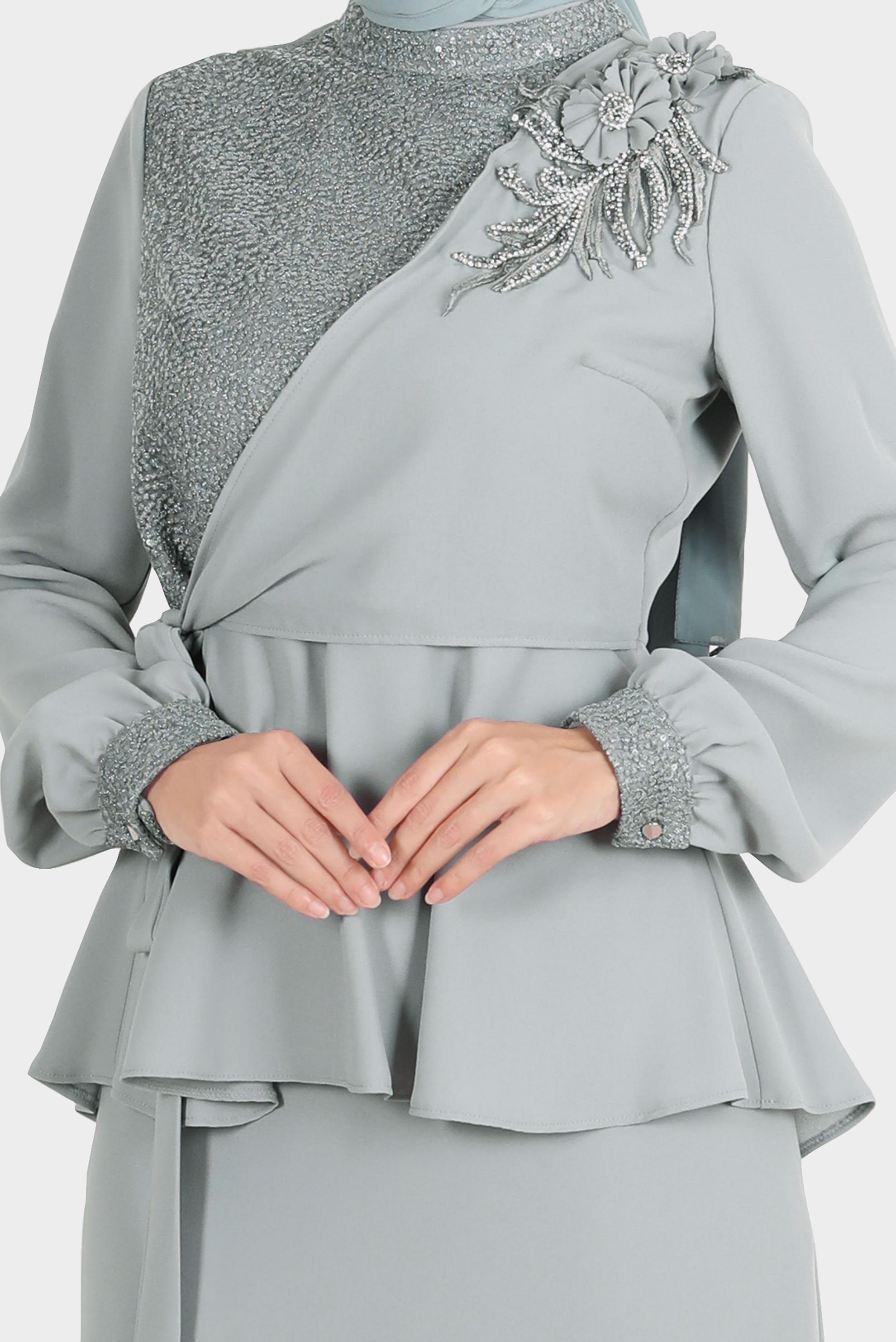 Hijab clothing GREY FLORAL 2-PIECE SKIRTED SUIT WITH GEM 30282 