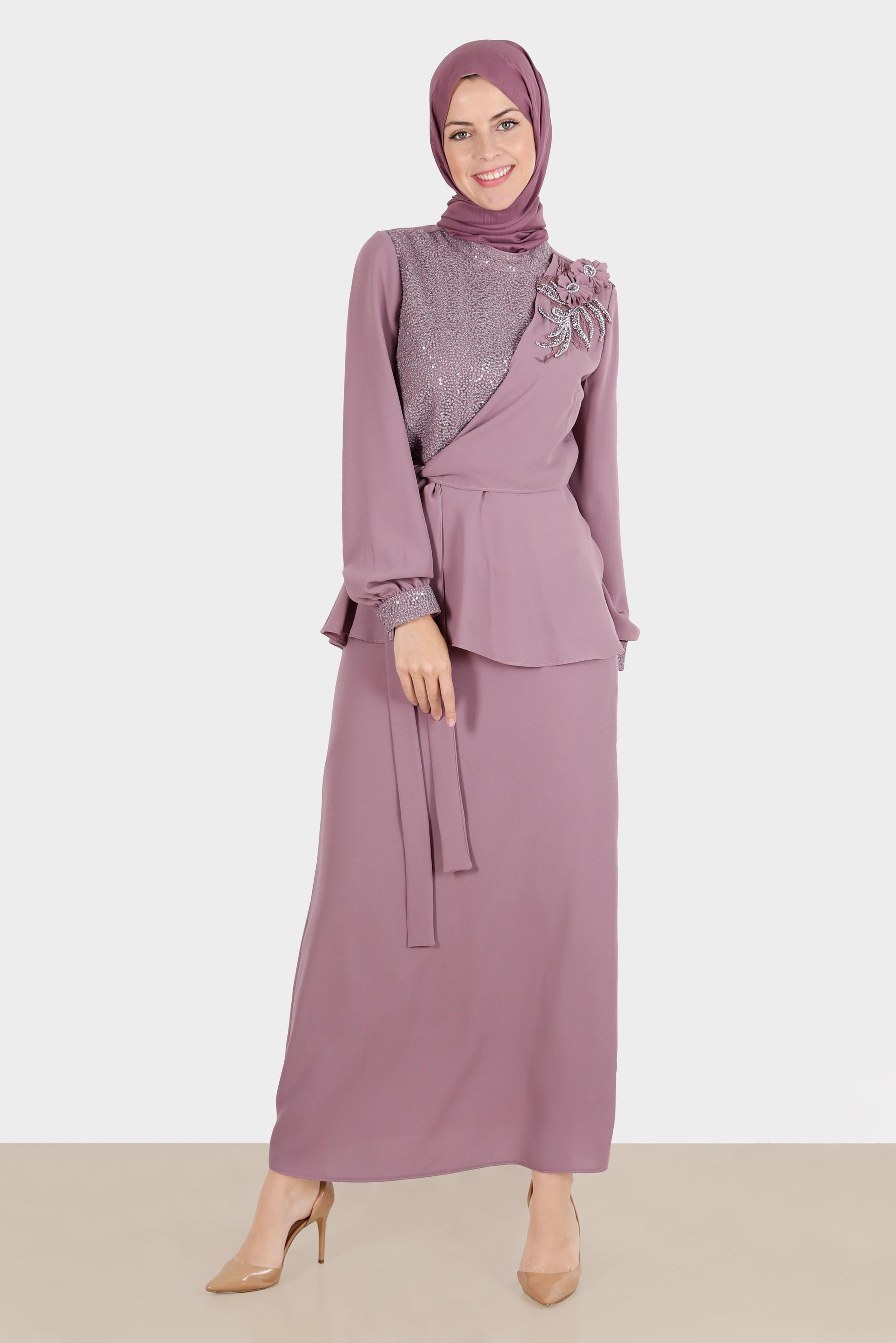 Tesettür giyim MOR TAŞLI ÇİÇEKLİ İKİLİ ETEKLİ TAKIM 30282 
