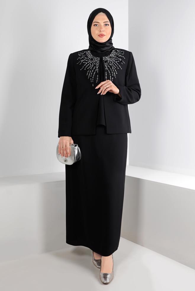 Tesettür giyim SİYAH ZIMBA DETAYLI KREP ÜÇLÜ ETEKLİ TAKIM 30286  - ALVİNA