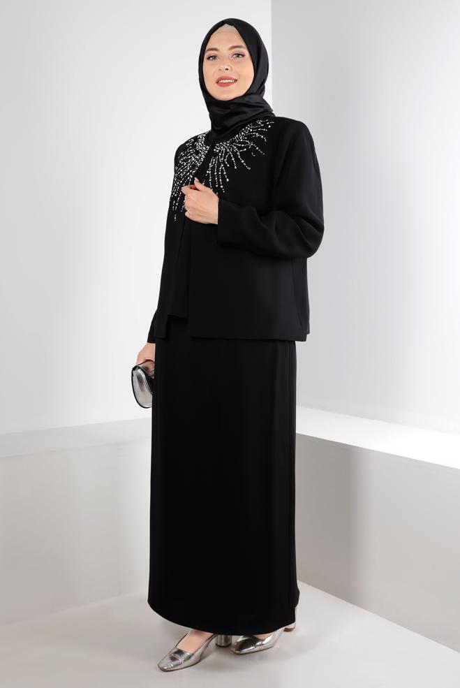 Tesettür giyim SİYAH ZIMBA DETAYLI KREP ÜÇLÜ ETEKLİ TAKIM 30286  - ALVİNA