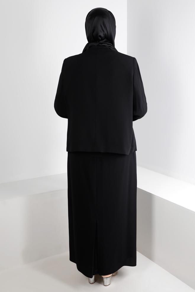 Tesettür giyim SİYAH ZIMBA DETAYLI KREP ÜÇLÜ ETEKLİ TAKIM 30286  - ALVİNA