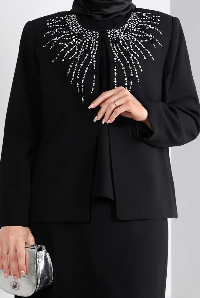 Tesettür giyim SİYAH ZIMBA DETAYLI KREP ÜÇLÜ ETEKLİ TAKIM 30286  - ALVİNA