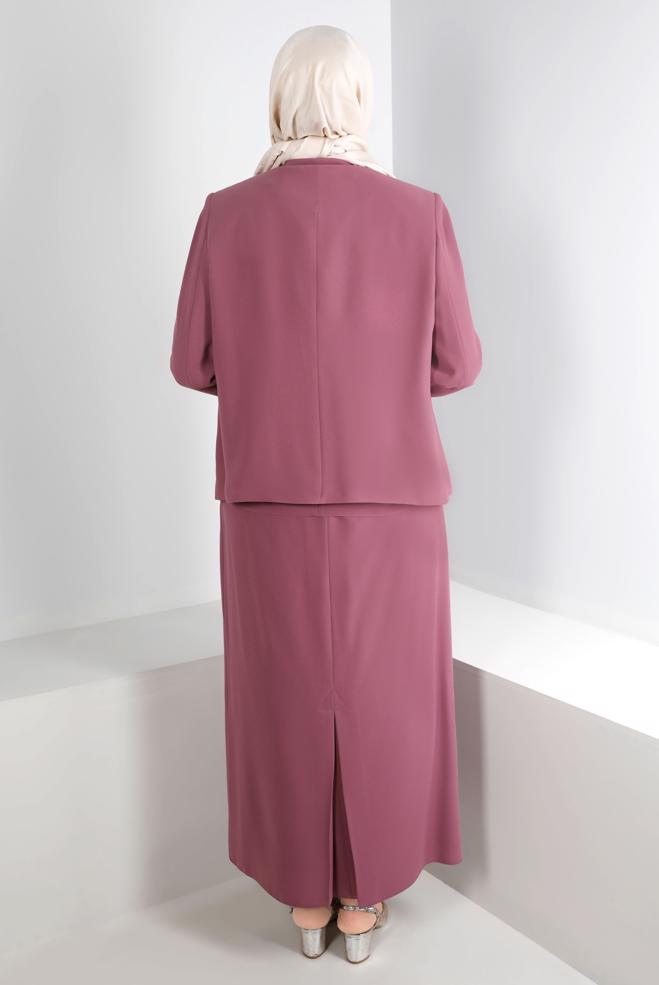 Tesettür giyim PEMBE ZIMBA DETAYLI KREP ÜÇLÜ ETEKLİ TAKIM 30286  - ALVİNA